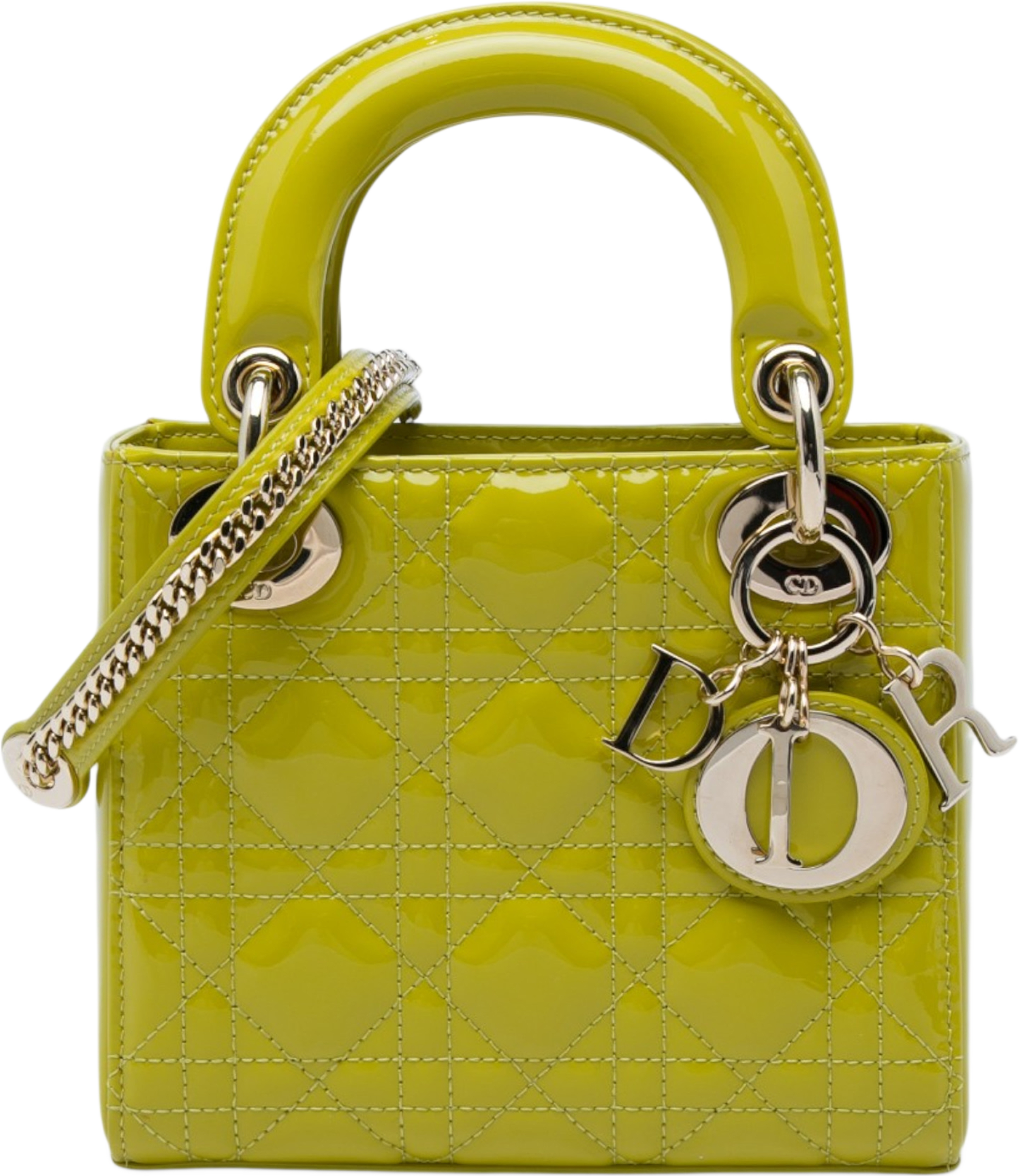 Dior Mini Patent Cannage Lady Dior, från Luxclusif, i färgen gul. Klicka för att öppna bilden i stort format