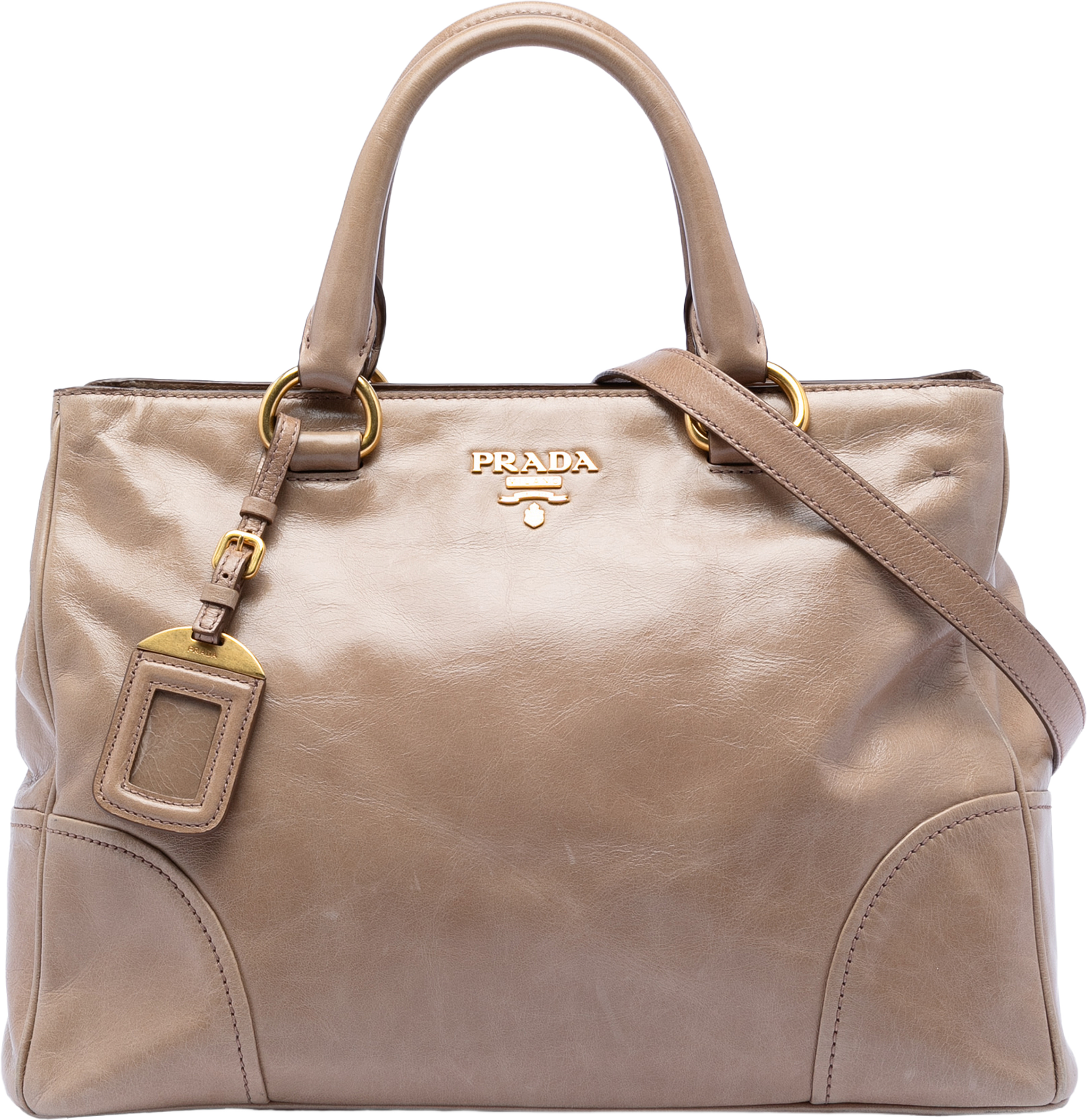 Prada Vitello Shine Open Convertible Tote, från Luxclusif, i färgen beige. Klicka för att öppna bilden i stort format