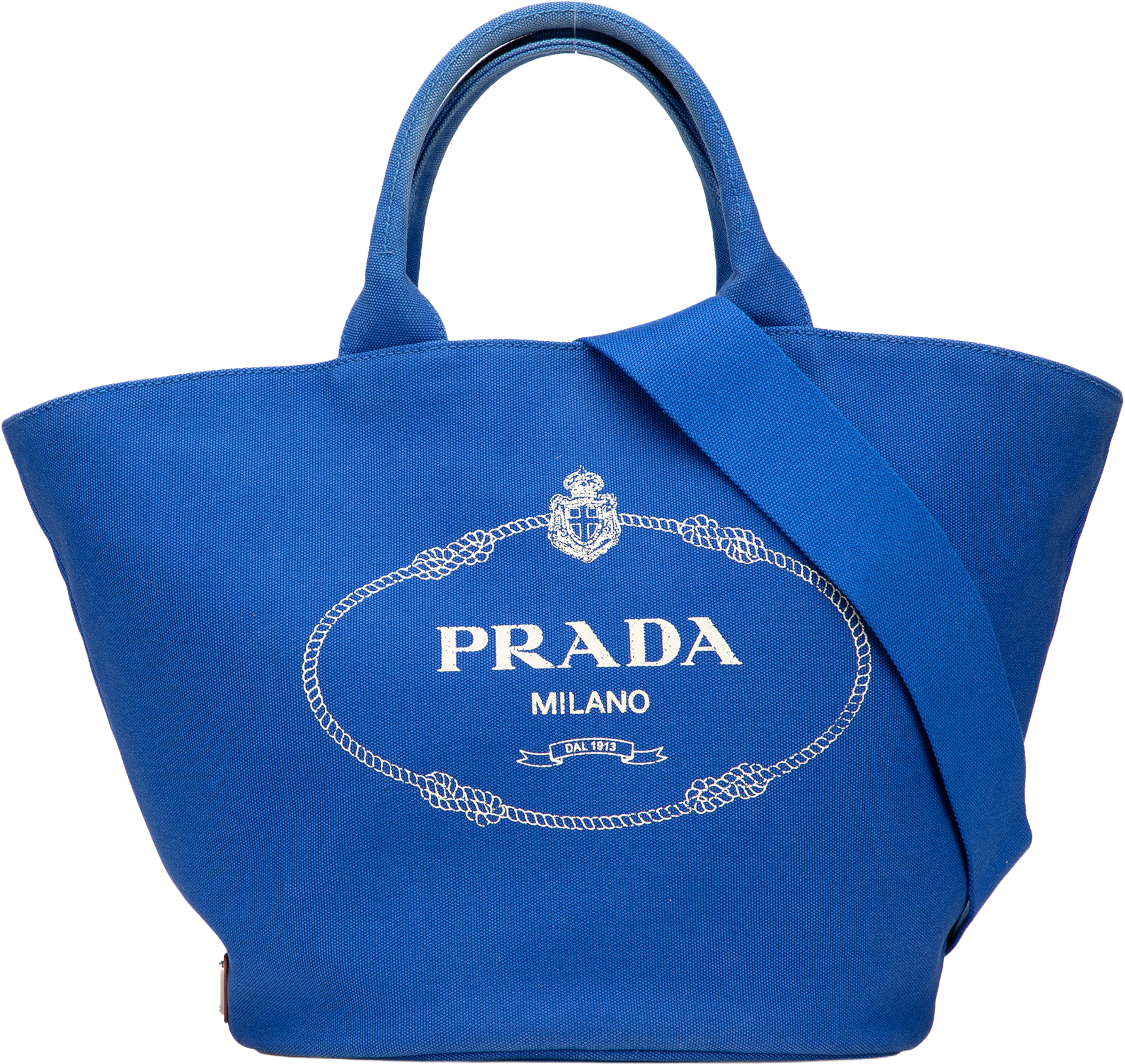 Prada Medium Canvas Canapa Logo Convertible Shopping Tote, från Luxclusif, i färgen blue. Klicka för att öppna bilden i stort format