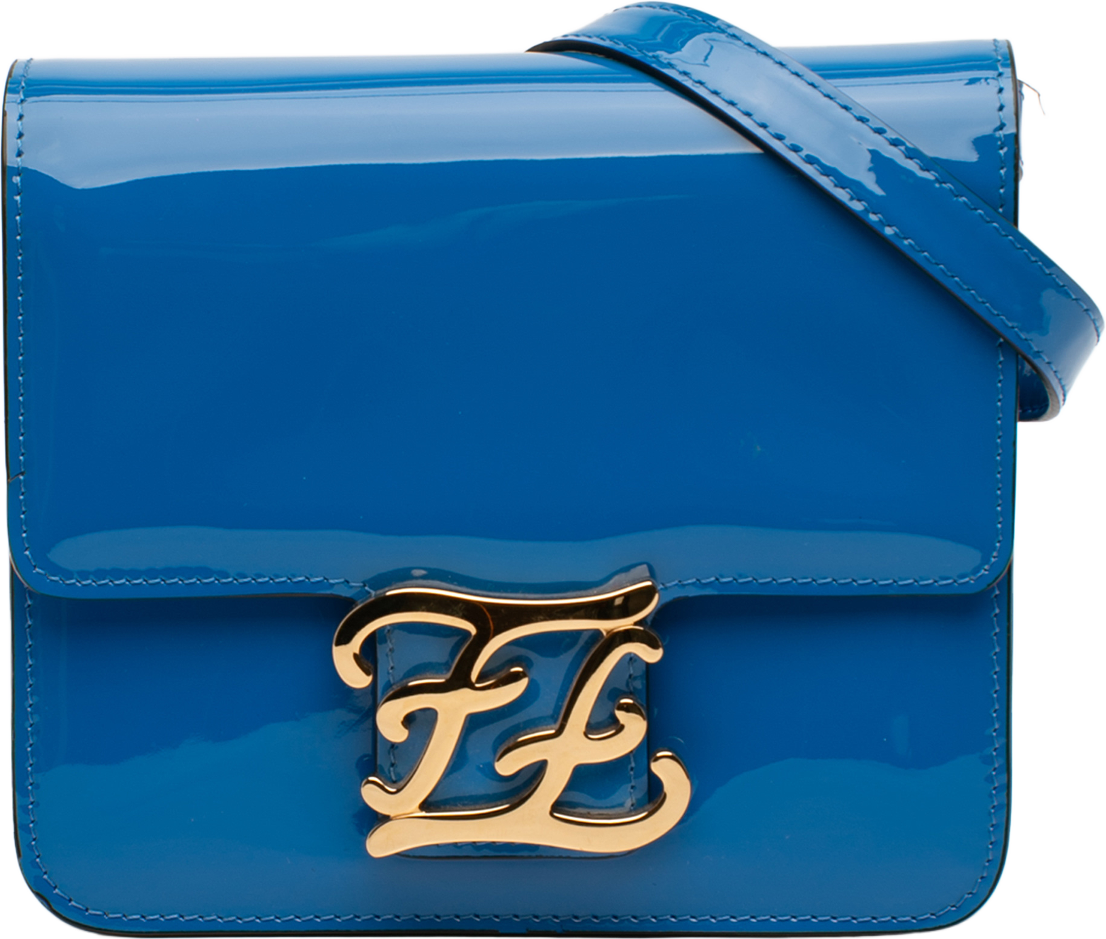 Fendi Patent Karligraphy Crossbody, från Luxclusif, i färgen blue. Klicka för att öppna bilden i stort format