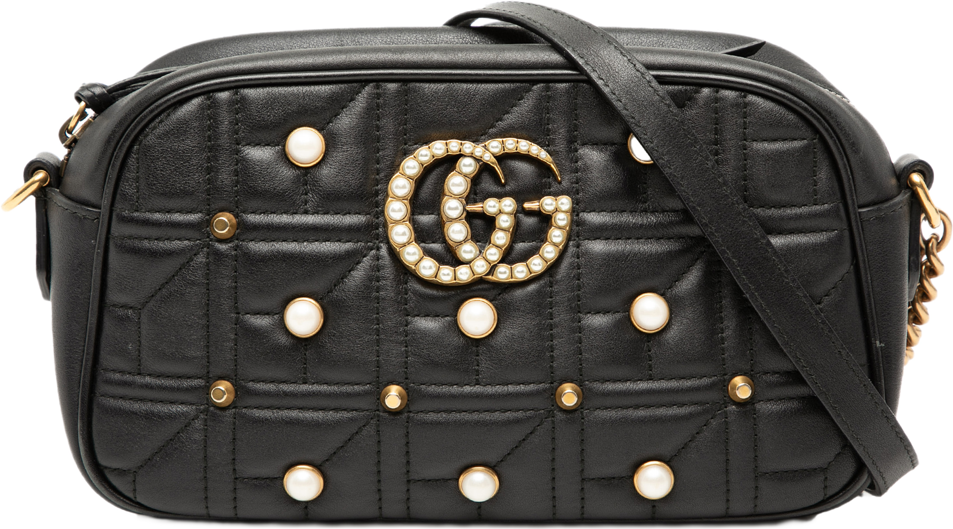 Gucci Small Gg Marmont Matelasse Leather Pearl Studded Crossbody, från Luxclusif, i färgen black. Klicka för att öppna bilden i stort format