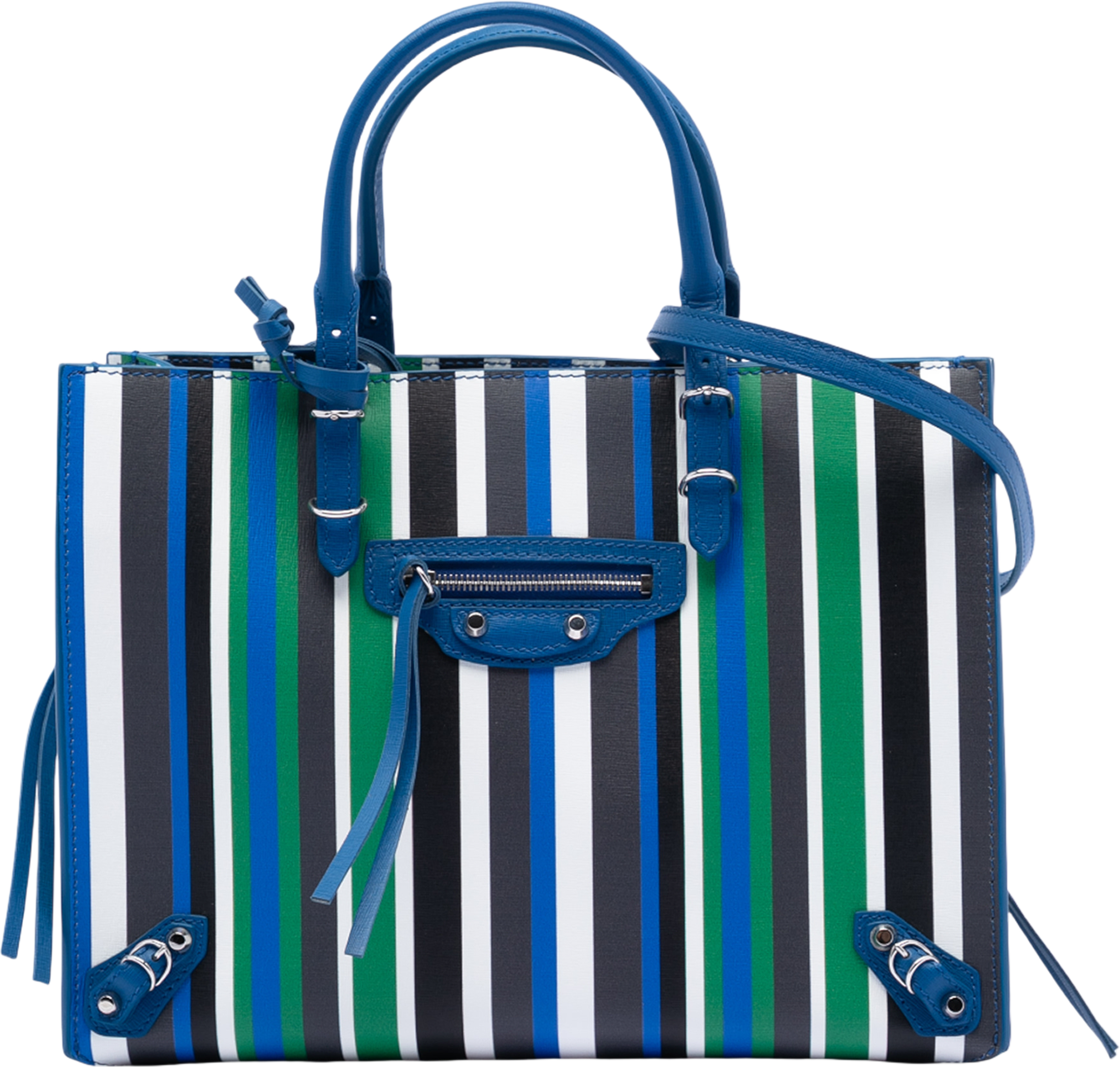 Balenciaga Mini Leather Striped Papier A6 Zip Around Satchel, från Luxclusif, i färgen blue. Klicka för att öppna bilden i stort format
