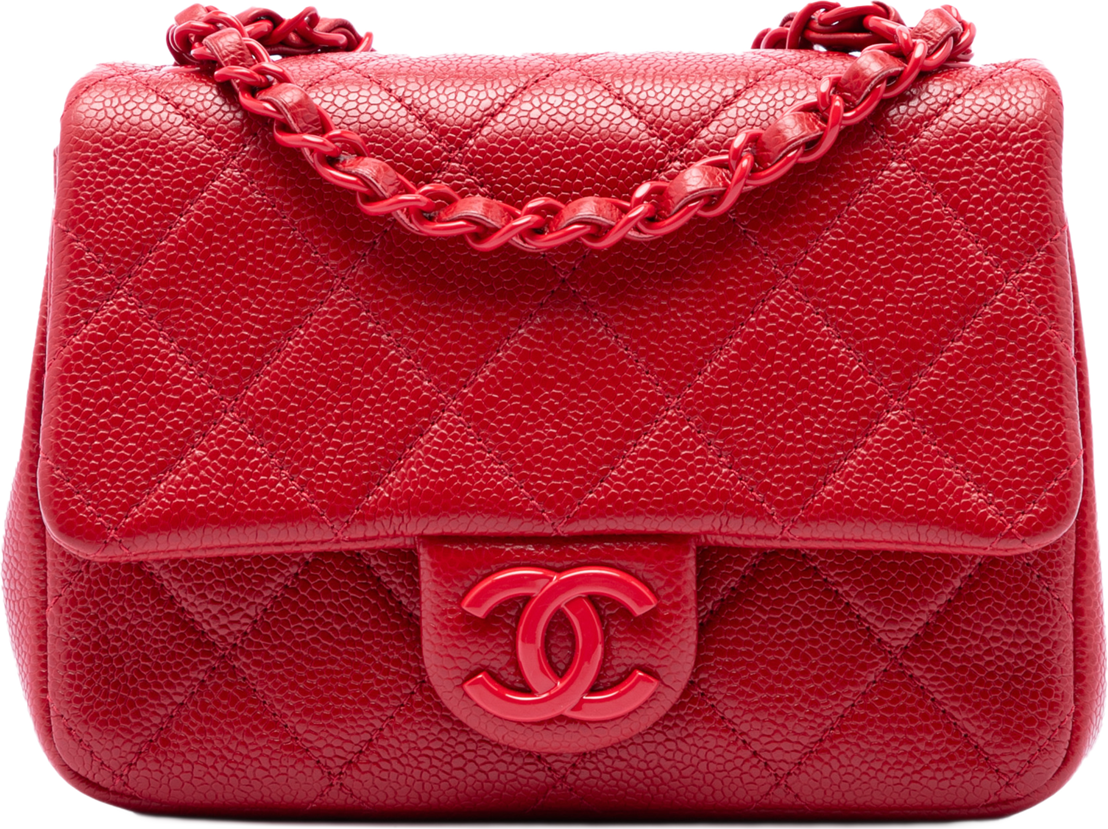 Chanel Mini Square Caviar Incognito Flap, från Luxclusif, i färgen röd. Klicka för att öppna bilden i stort format