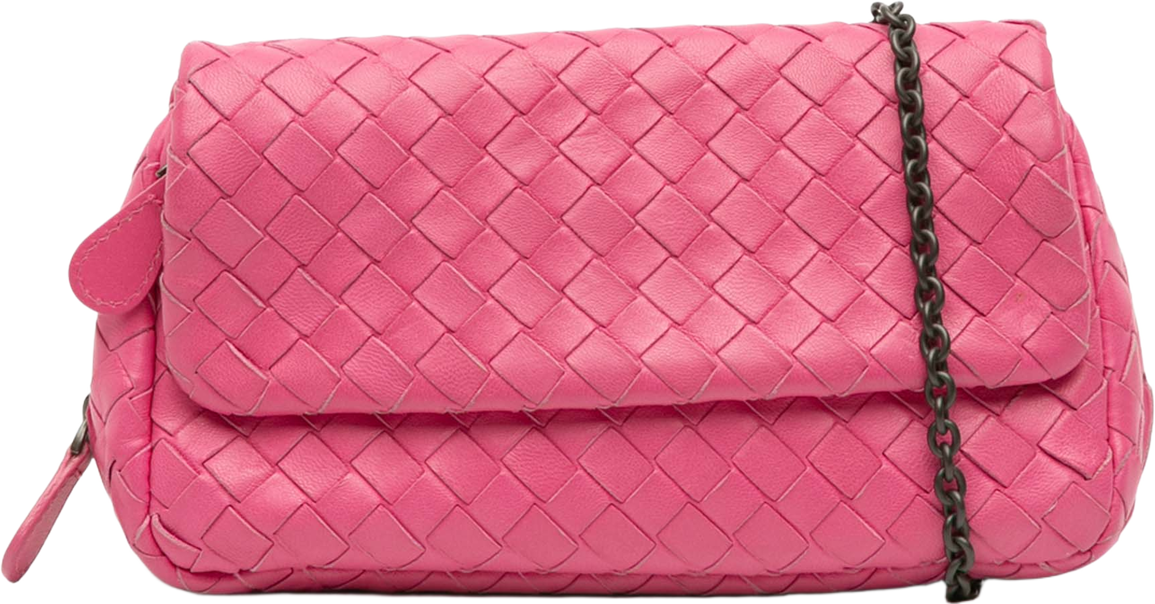 Bottega Veneta Mini Nappa Intrecciato Expandable Chain Flap Crossbody, från Luxclusif, i färgen hot pink. Klicka för att öppna bilden i stort format
