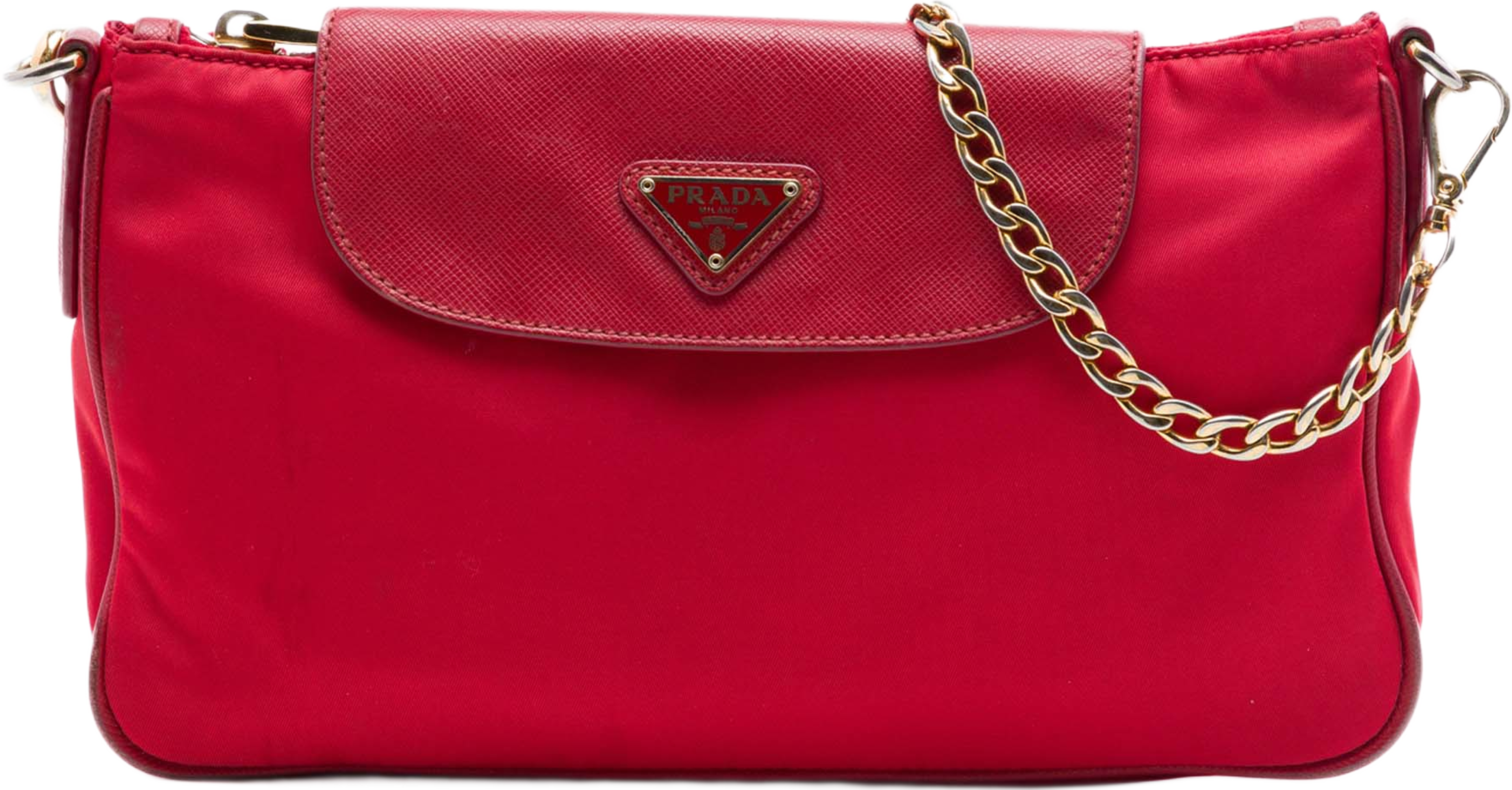 Prada Saffiano Trimmed Tessuto Chain Crossbody, från Luxclusif, i färgen röd. Klicka för att öppna bilden i stort format