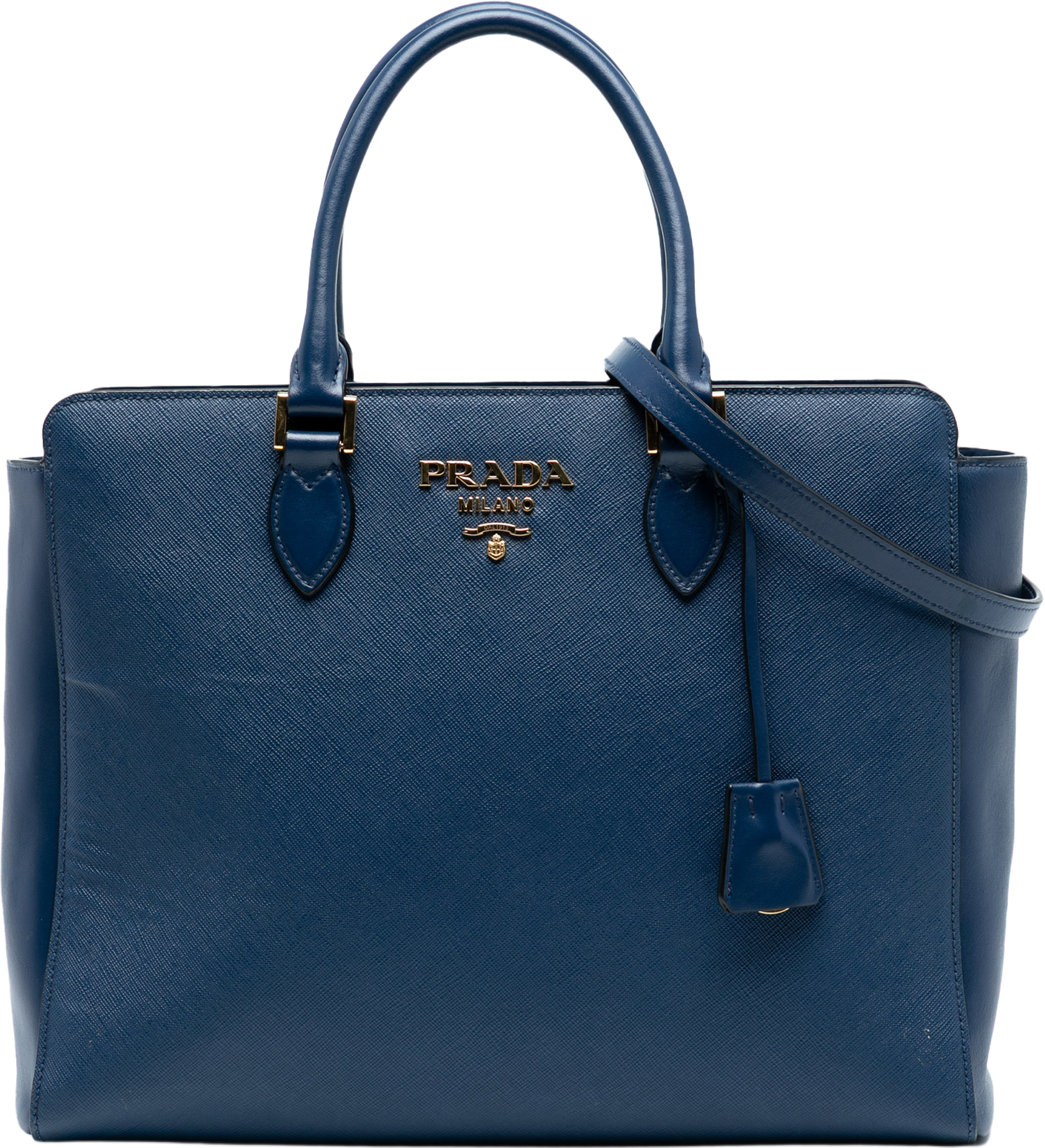 Prada Soft Calf Trimmed Saffiano Zippered Convertible Tote, från Luxclusif, i färgen blue. Klicka för att öppna bilden i stort format