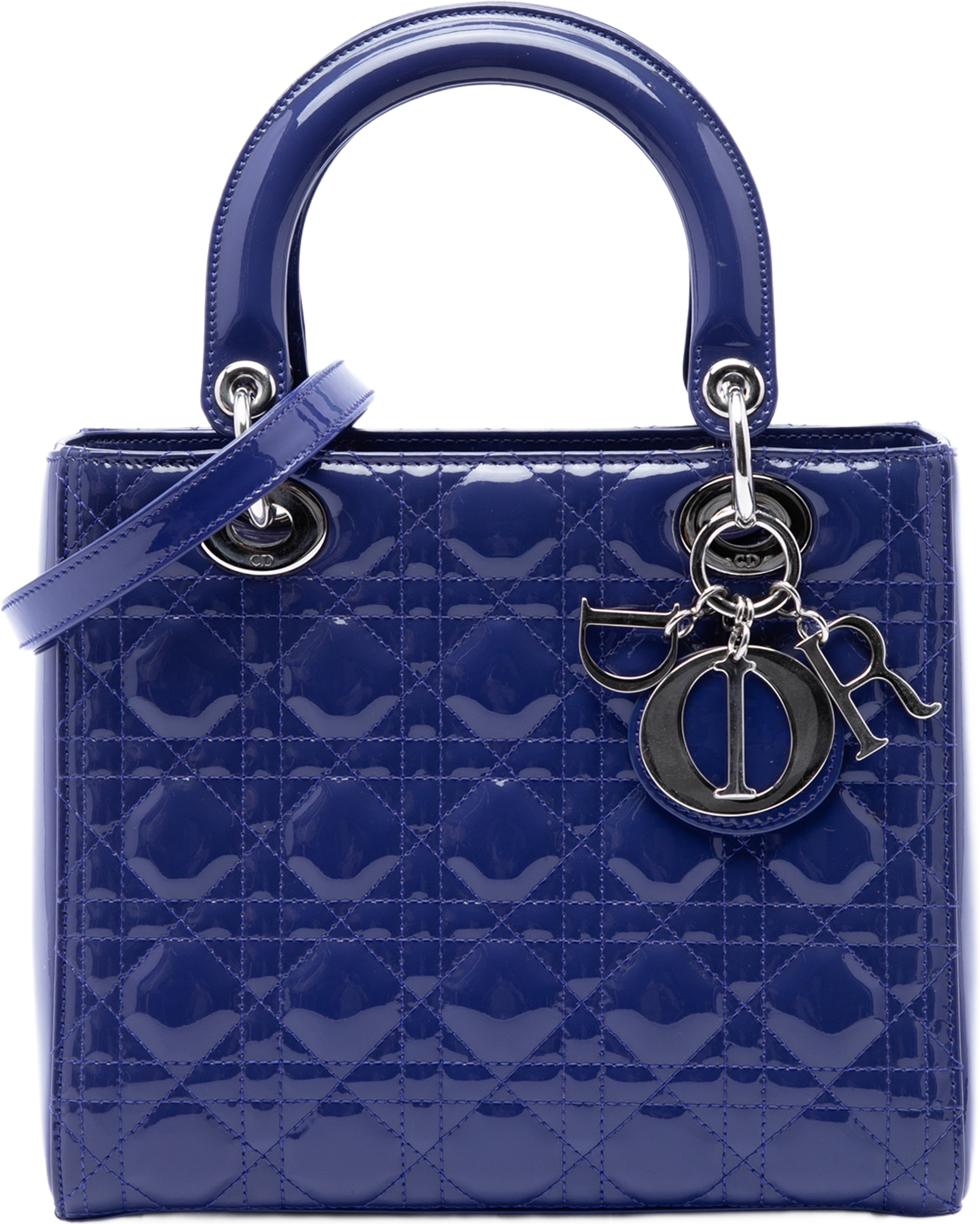 Dior Medium Patent Cannage Lady Dior, från Luxclusif, i färgen blå. Klicka för att öppna bilden i stort format