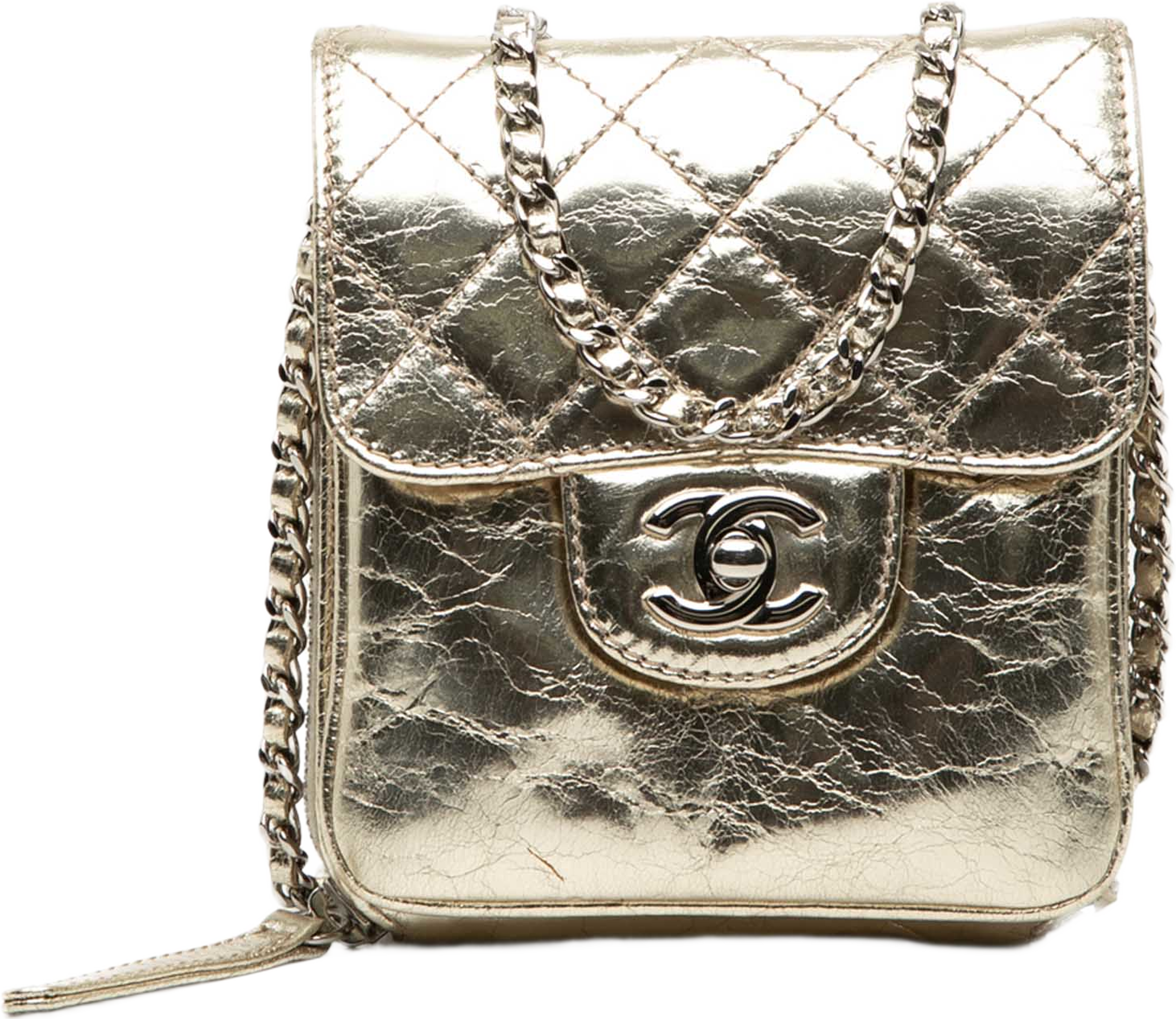 Chanel Quilted Metallic Aged Calfskin Clams Wallet On Chain, från Luxclusif, i färgen light gold. Klicka för att öppna bilden i stort format