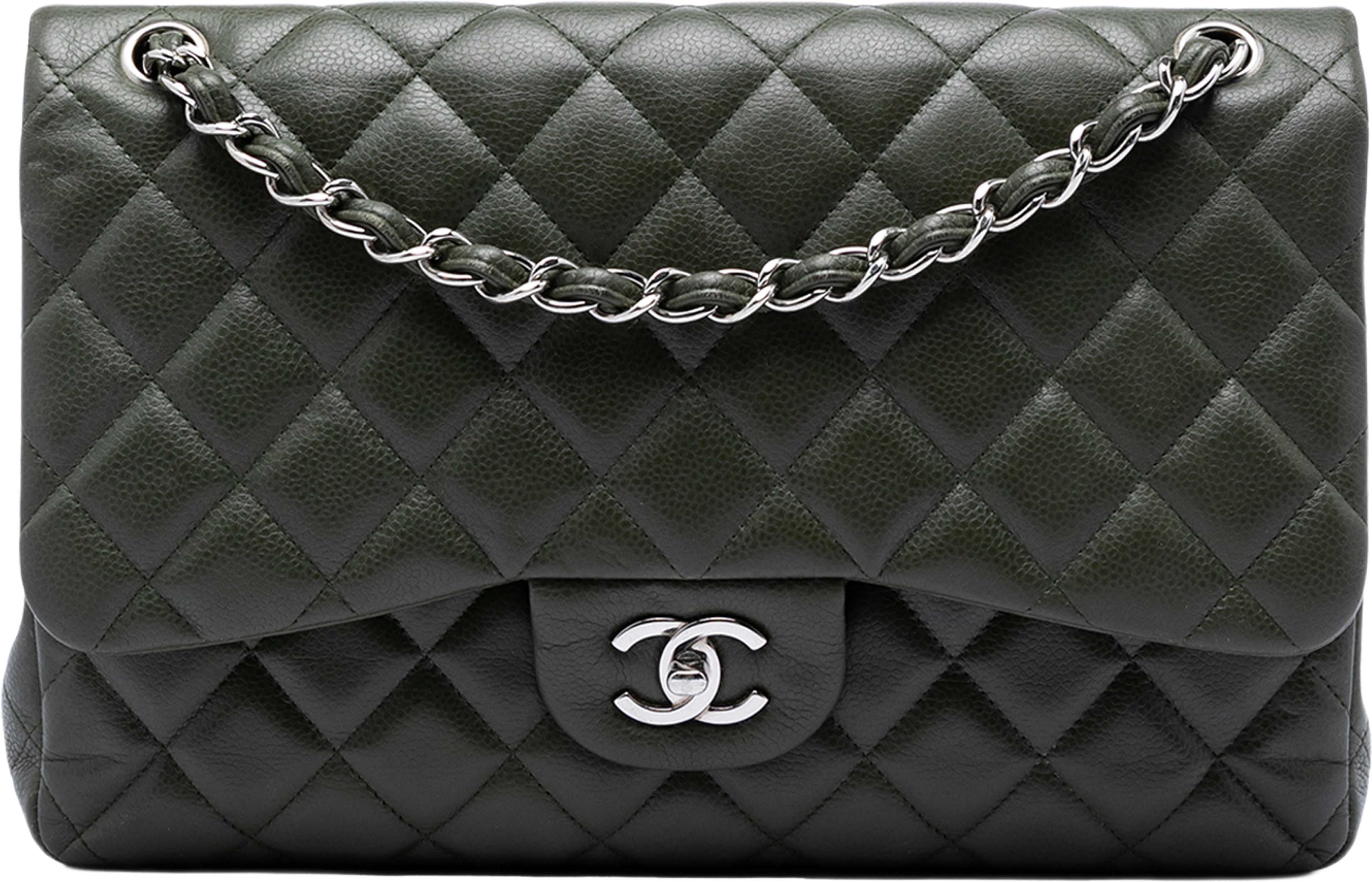 Chanel Jumbo Classic Caviar Double Flap, från Luxclusif, i färgen olive green. Klicka för att öppna bilden i stort format