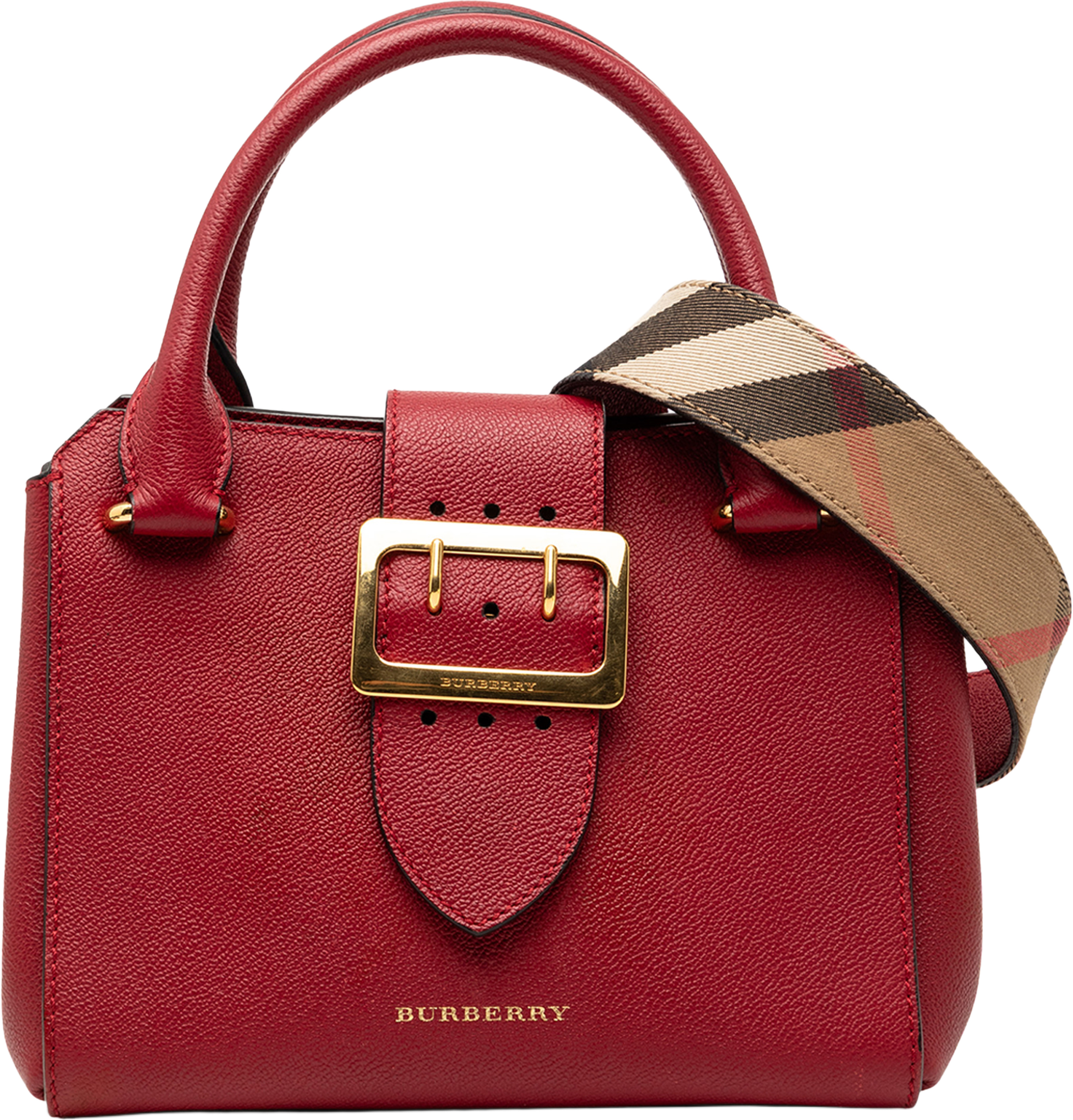 Burberry Small Grained Leather Buckle Tote, från Luxclusif, i färgen red. Klicka för att öppna bilden i stort format