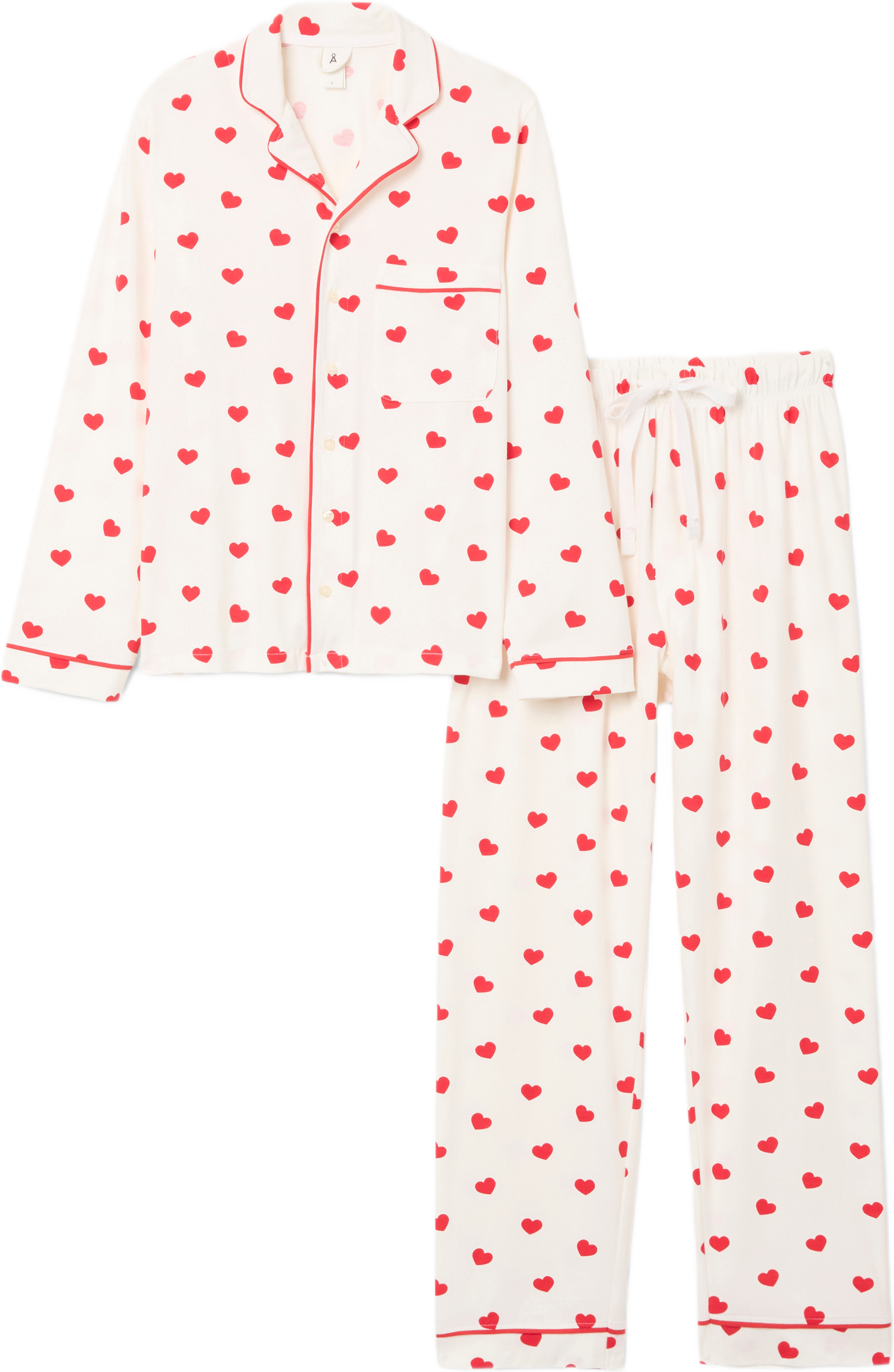 Pyjamas med hjärtan, från Å WOMAN, i färgen Red Heart. Klicka för att öppna bilden i stort format