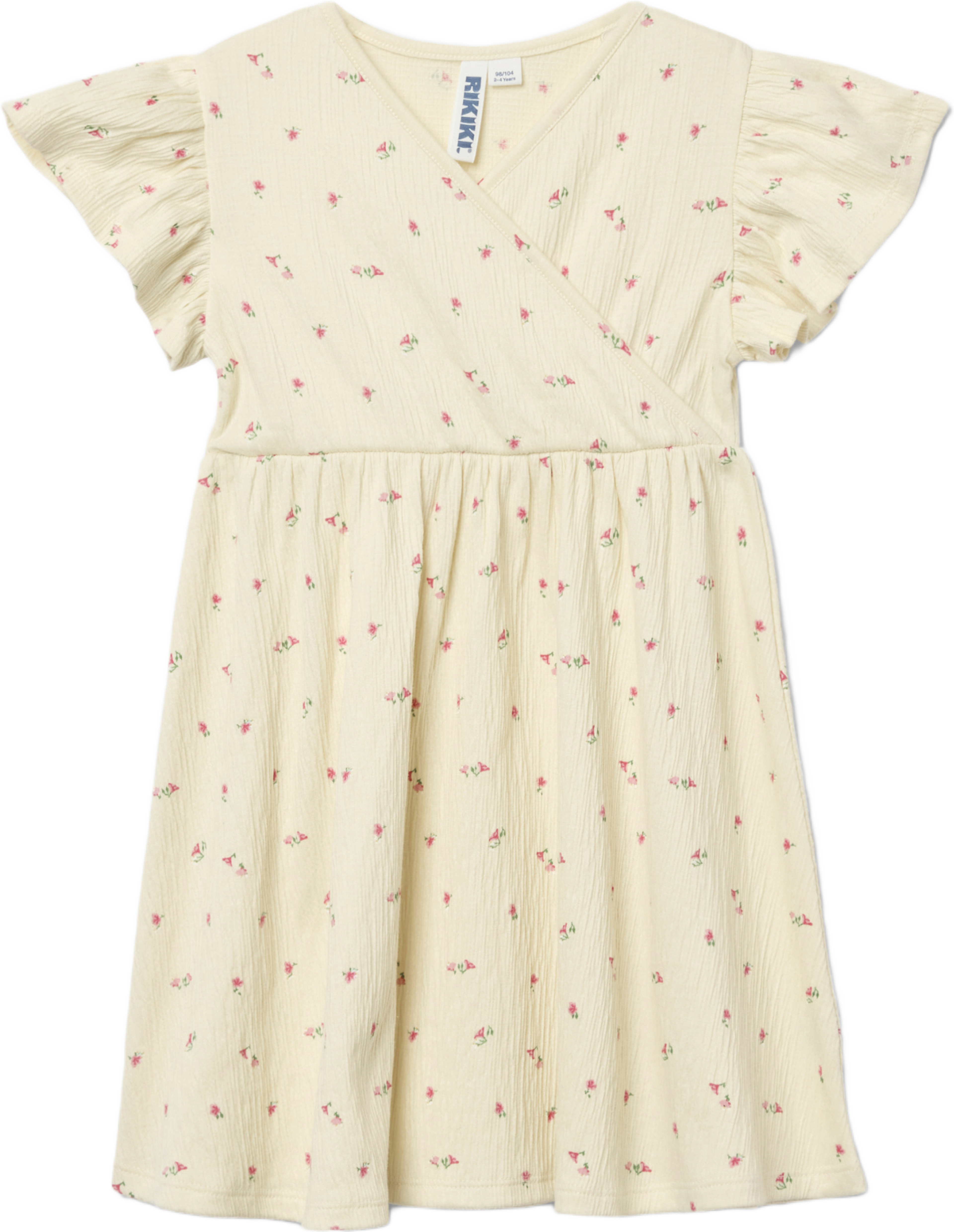 Krinklad klänning med volang FRIDA, från RIKIKI, i färgen Pink Flower. Klicka för att öppna bilden i stort format