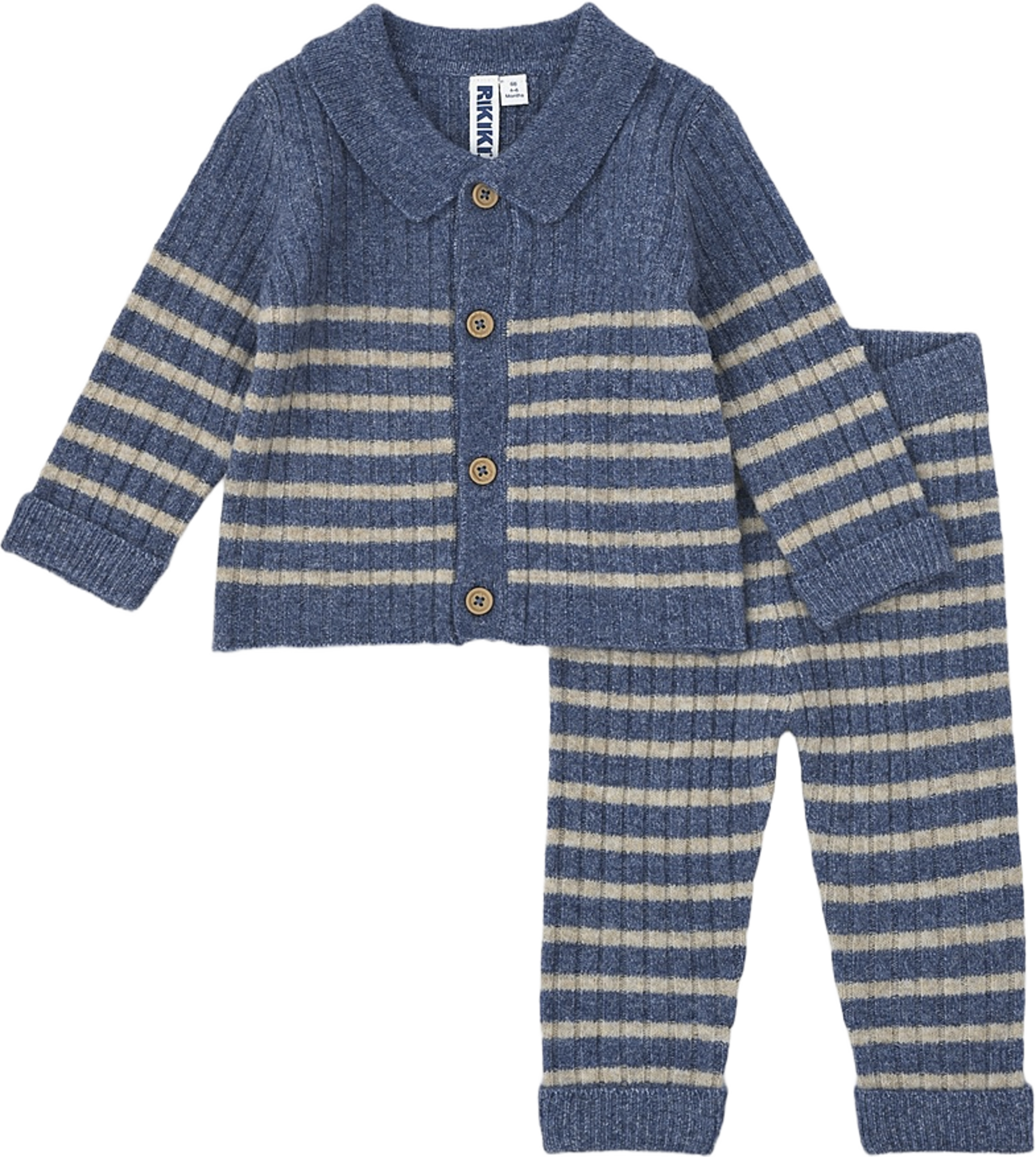 Randigt stickat set OAT, från RIKIKI, i färgen Blue Stripe. Klicka för att öppna bilden i stort format