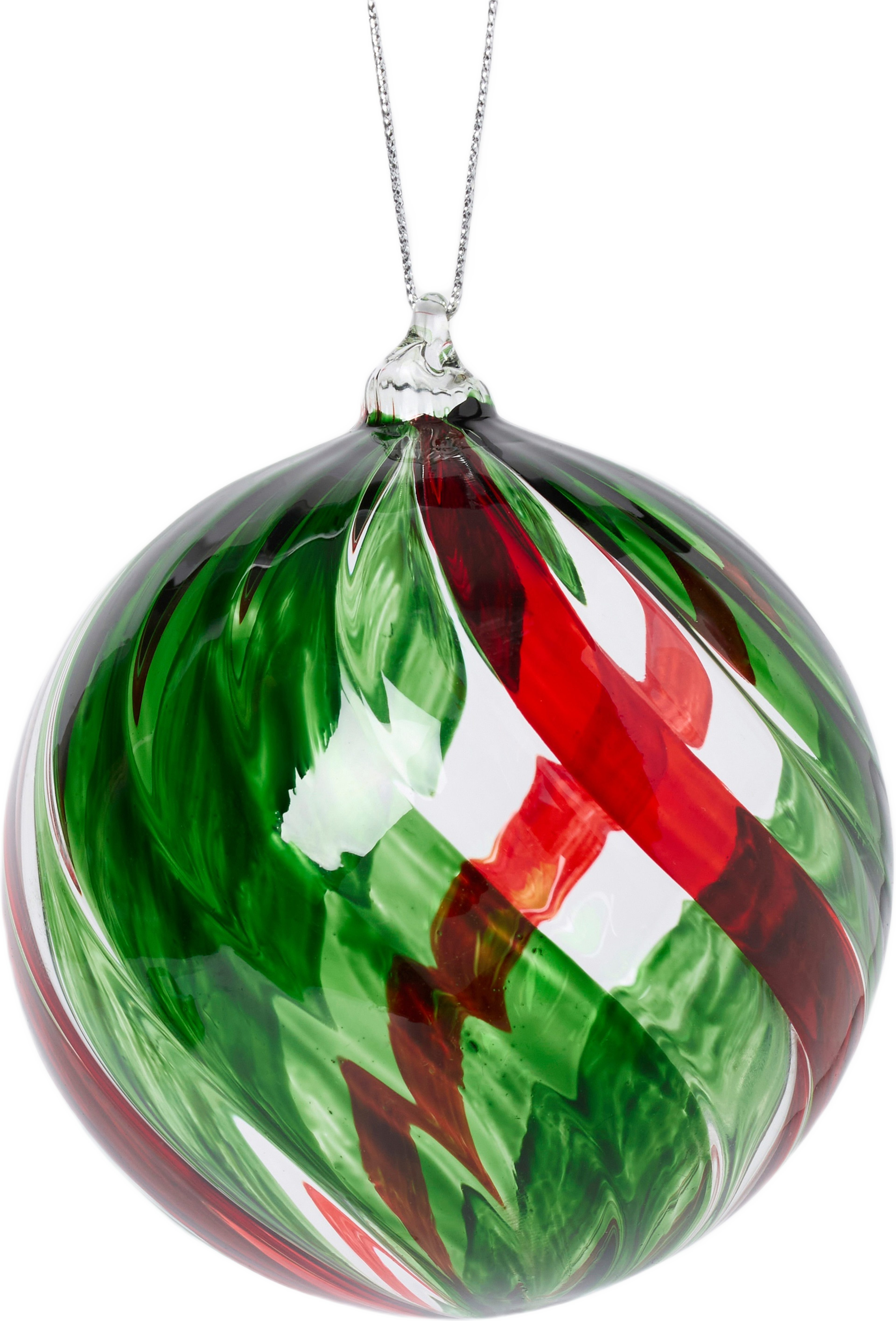 Julgranskula i glas DOUBLE SWIRL 8 cm, från Åhléns Home, i färgen Green/Red/Clear. Klicka för att öppna bilden i stort format