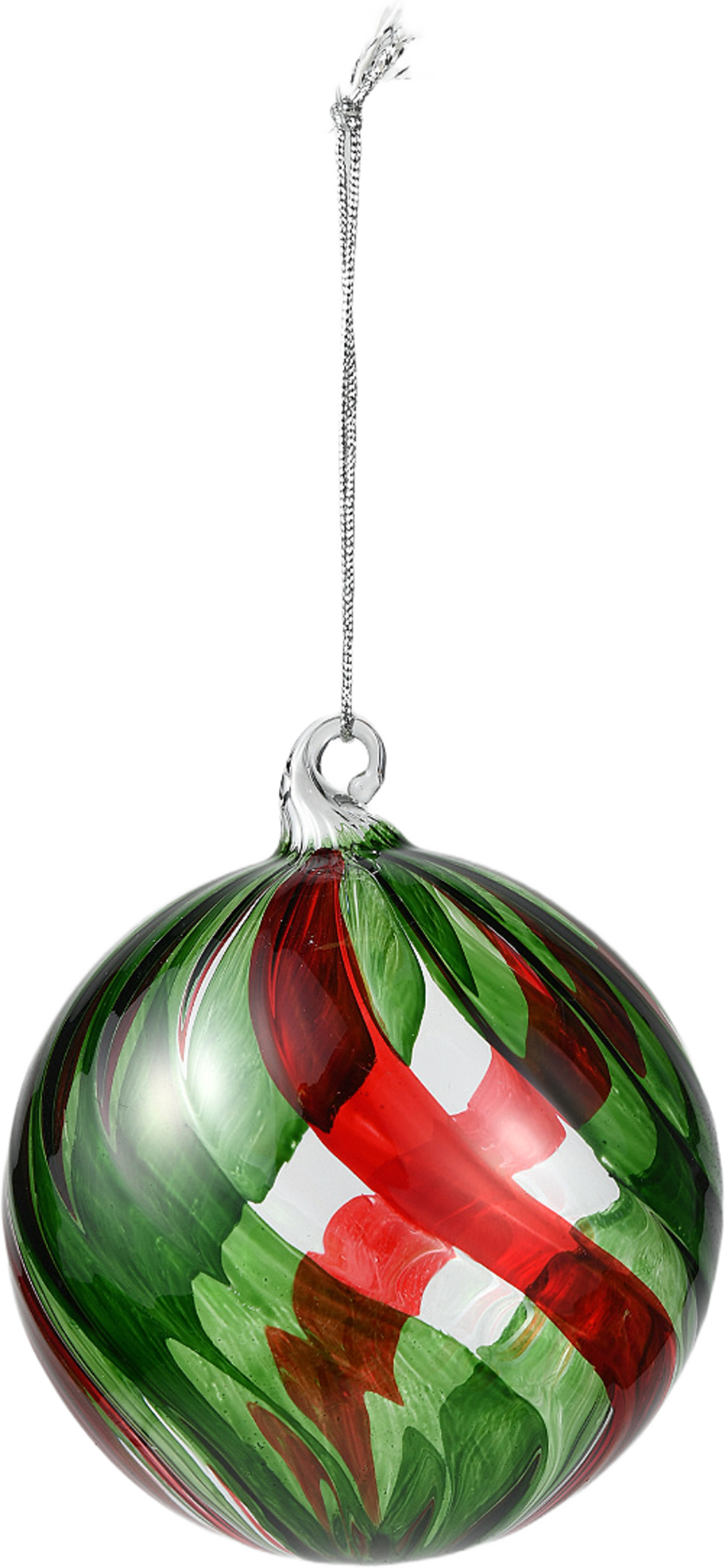 Julgranskula i glas DOUBLE SWIRL 8 cm, från Åhléns Home, i färgen Green/Red/Clear. Klicka för att öppna bilden i stort format
