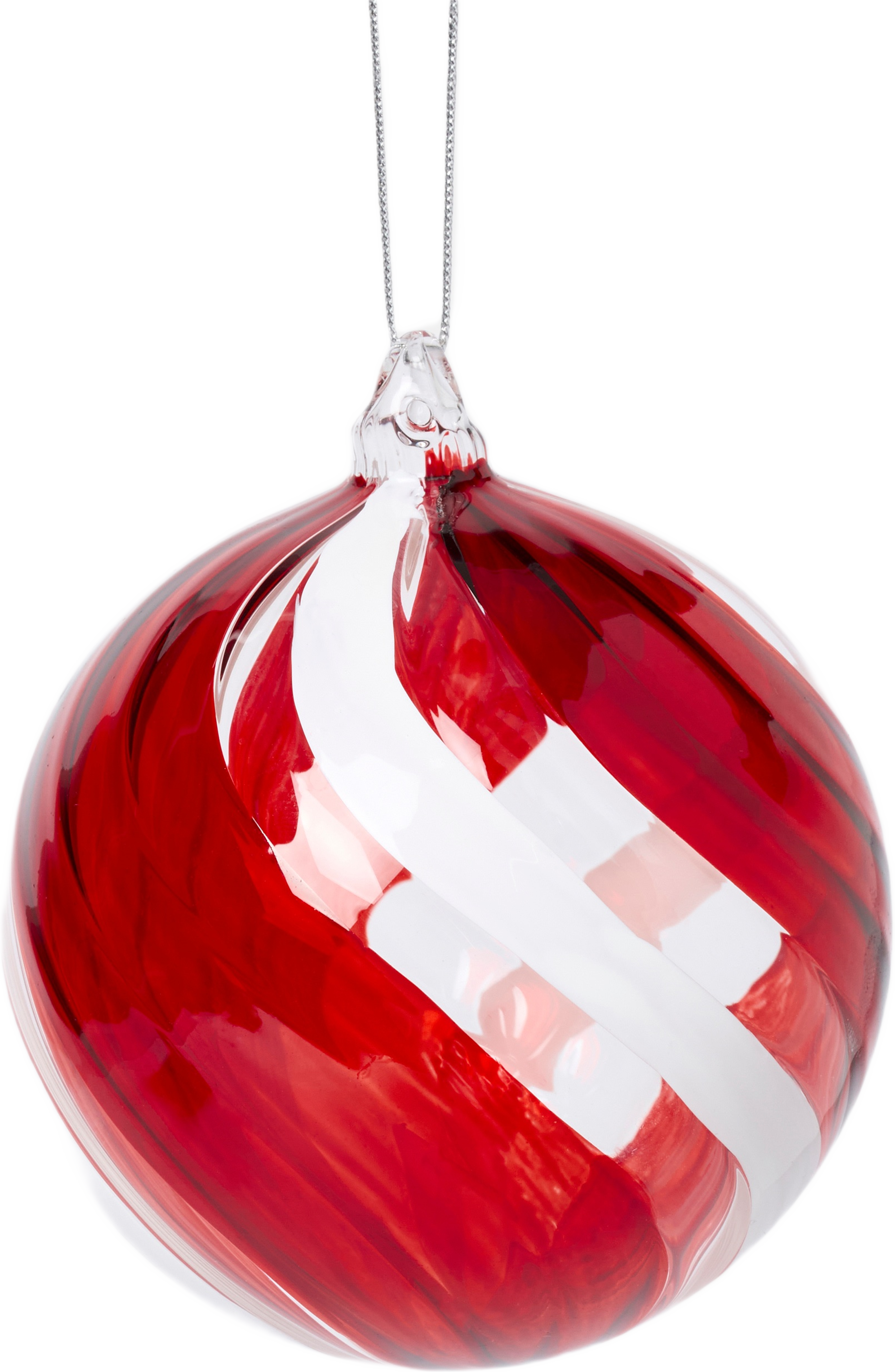 Julgranskula i glas DOUBLE SWIRL 8 cm, från Åhléns Home, i färgen Red/White/Clear. Klicka för att öppna bilden i stort format