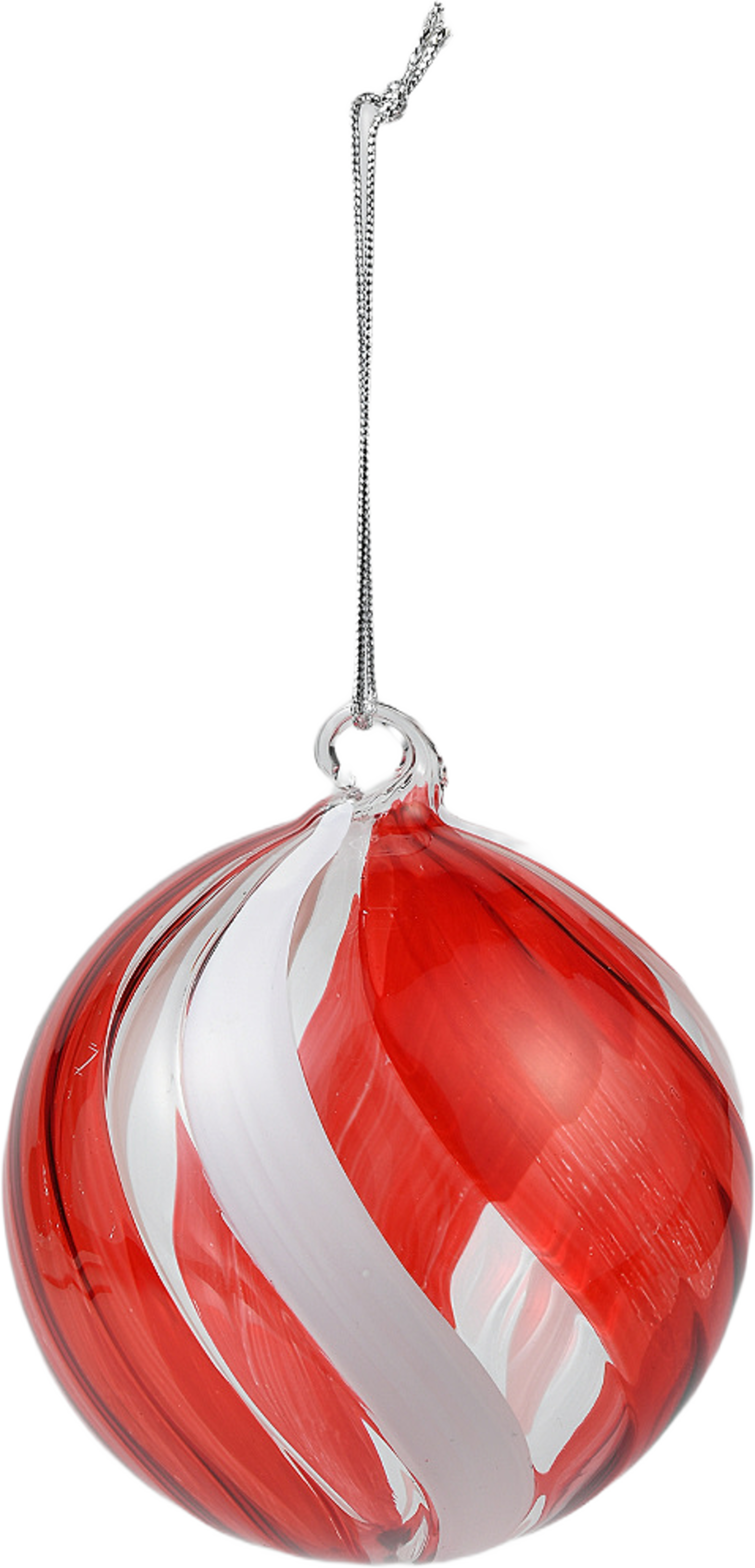 Julgranskula i glas DOUBLE SWIRL 8 cm, från Åhléns Home, i färgen Red/White/Clear. Klicka för att öppna bilden i stort format