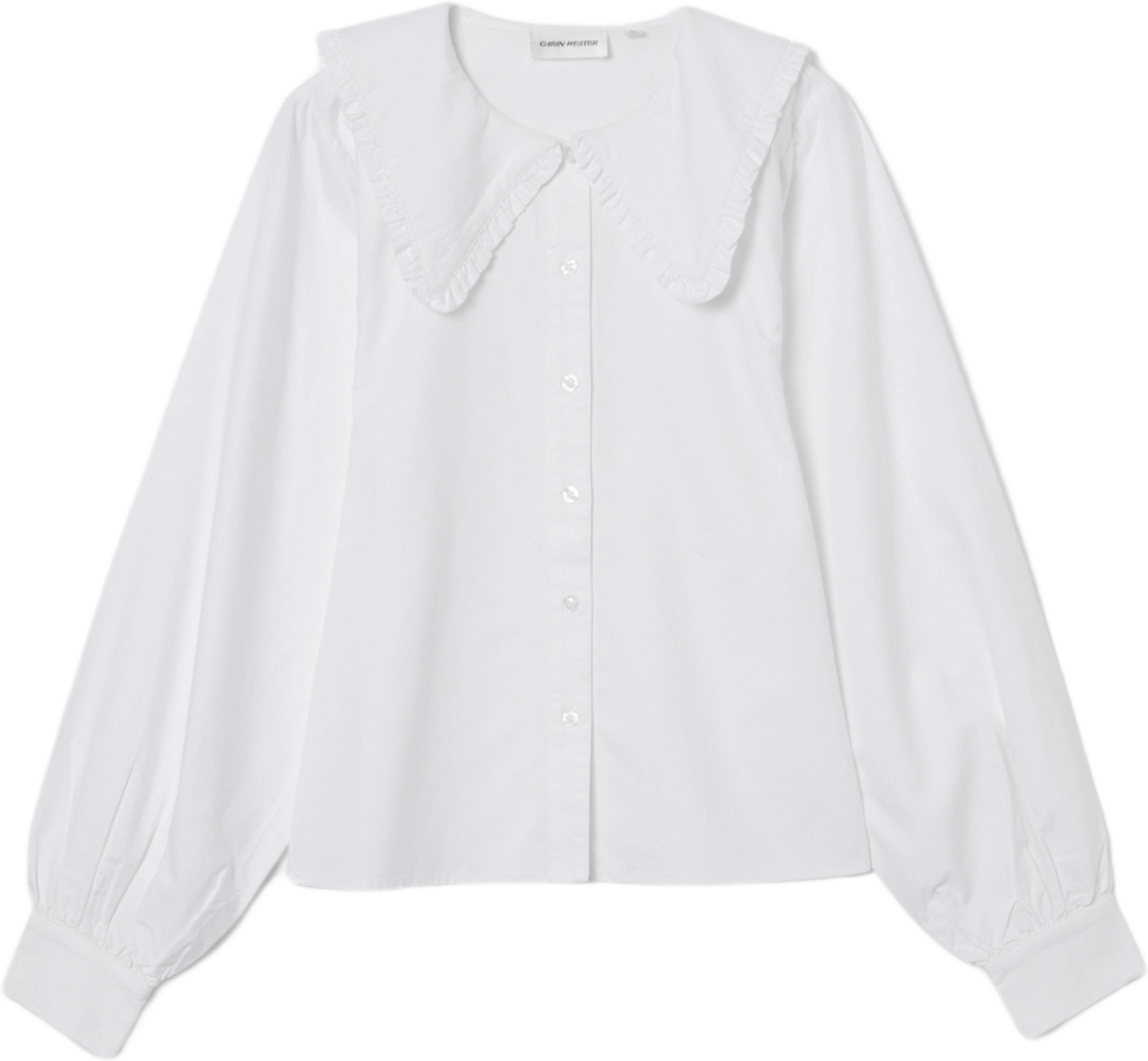Bomullsblus med volangkrage ANELLA, från Carin Wester, i färgen Bright White. Klicka för att öppna bilden i stort format