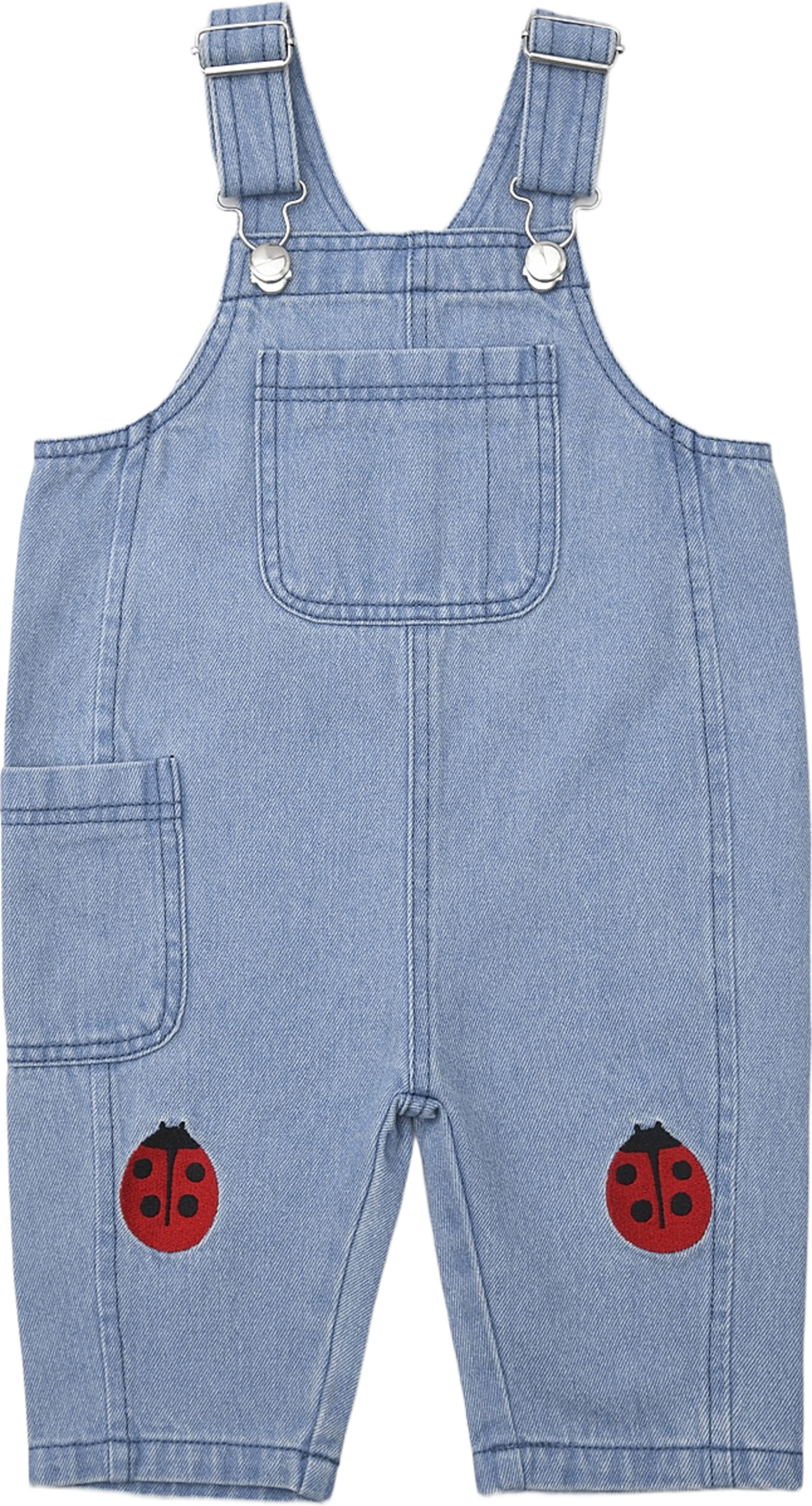 Hängselbyxor i denim BLAIR, från RIKIKI, i färgen Ladybug Red. Klicka för att öppna bilden i stort format