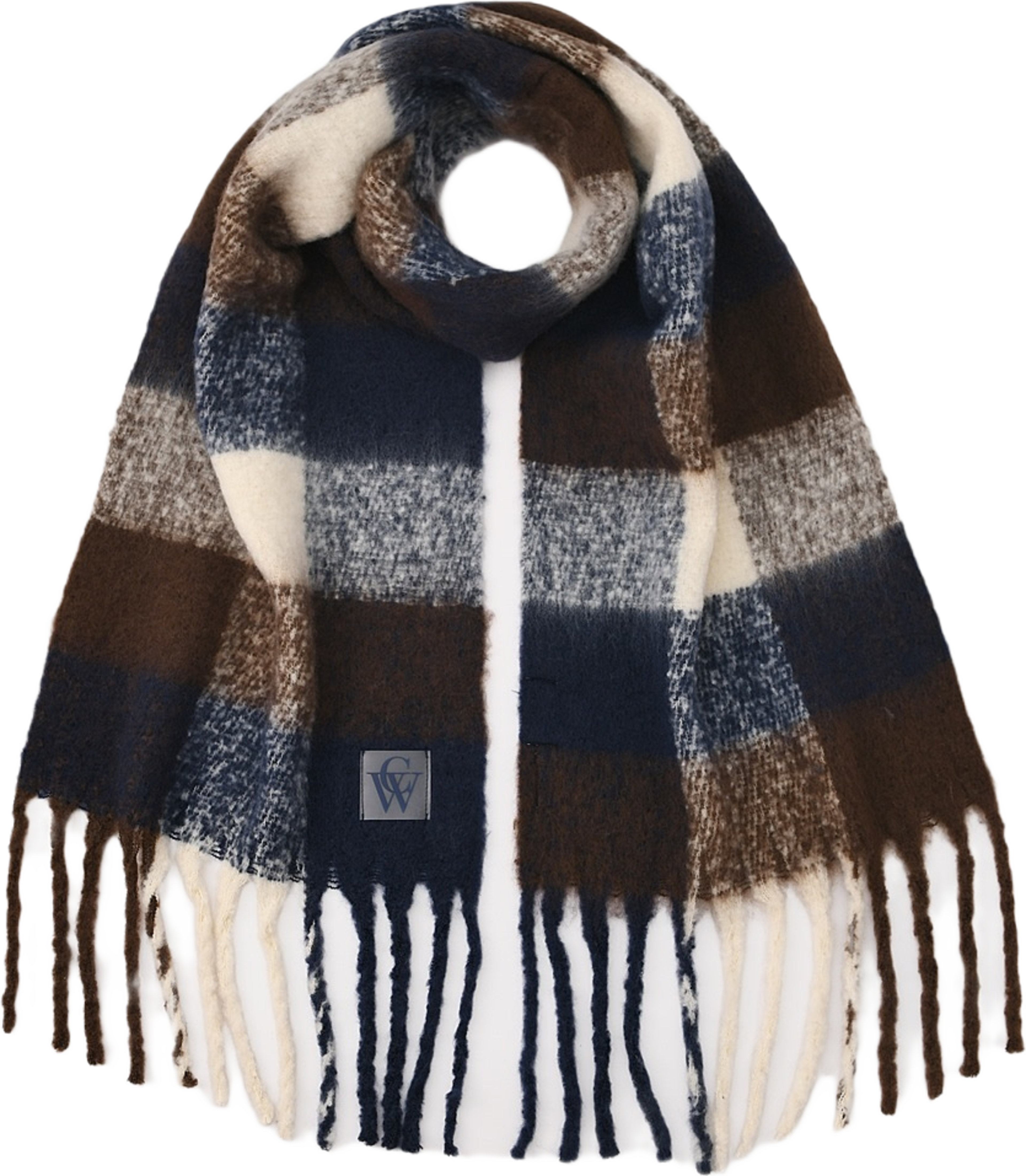 Stickad halsduk med fransar ADA, från Carin Wester, i färgen Beige Check. Klicka för att öppna bilden i stort format