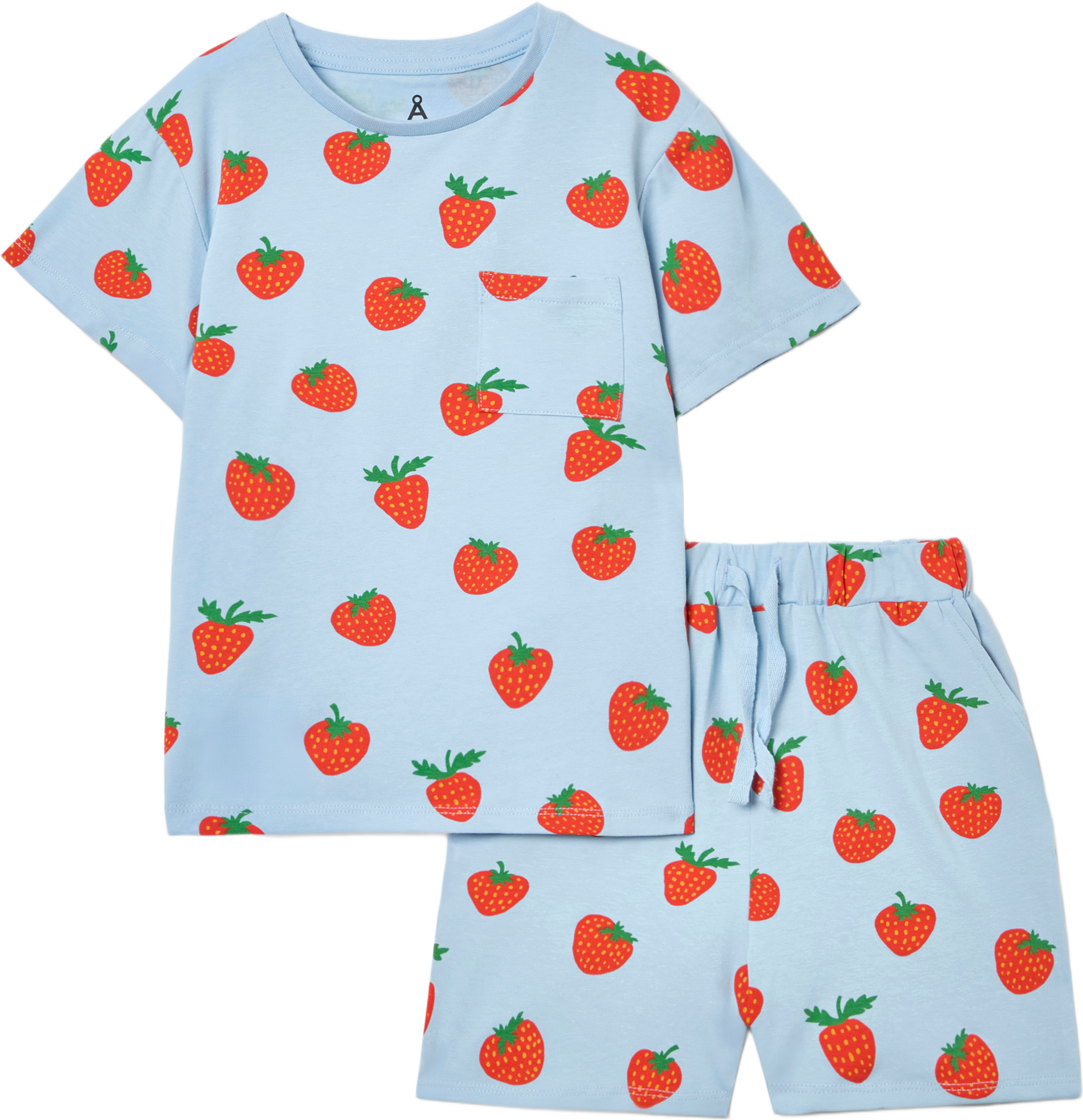 Kortärmad pyjamas MICKE, från Å KIDS, i färgen Strawberry Blue. Klicka för att öppna bilden i stort format