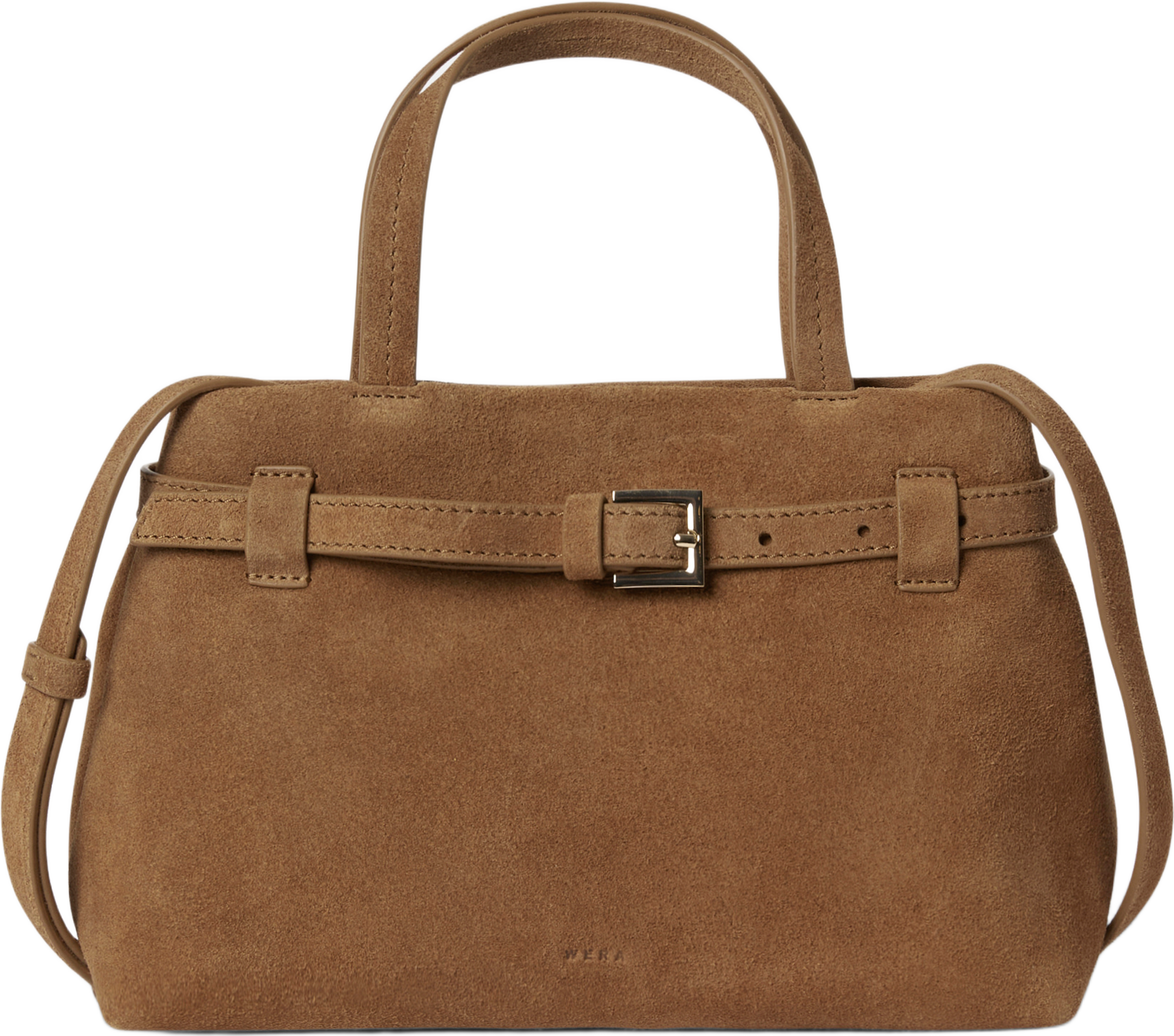 Liten crossbody i mocka TIA, från Wera, i färgen Cognac Suede. Klicka för att öppna bilden i stort format