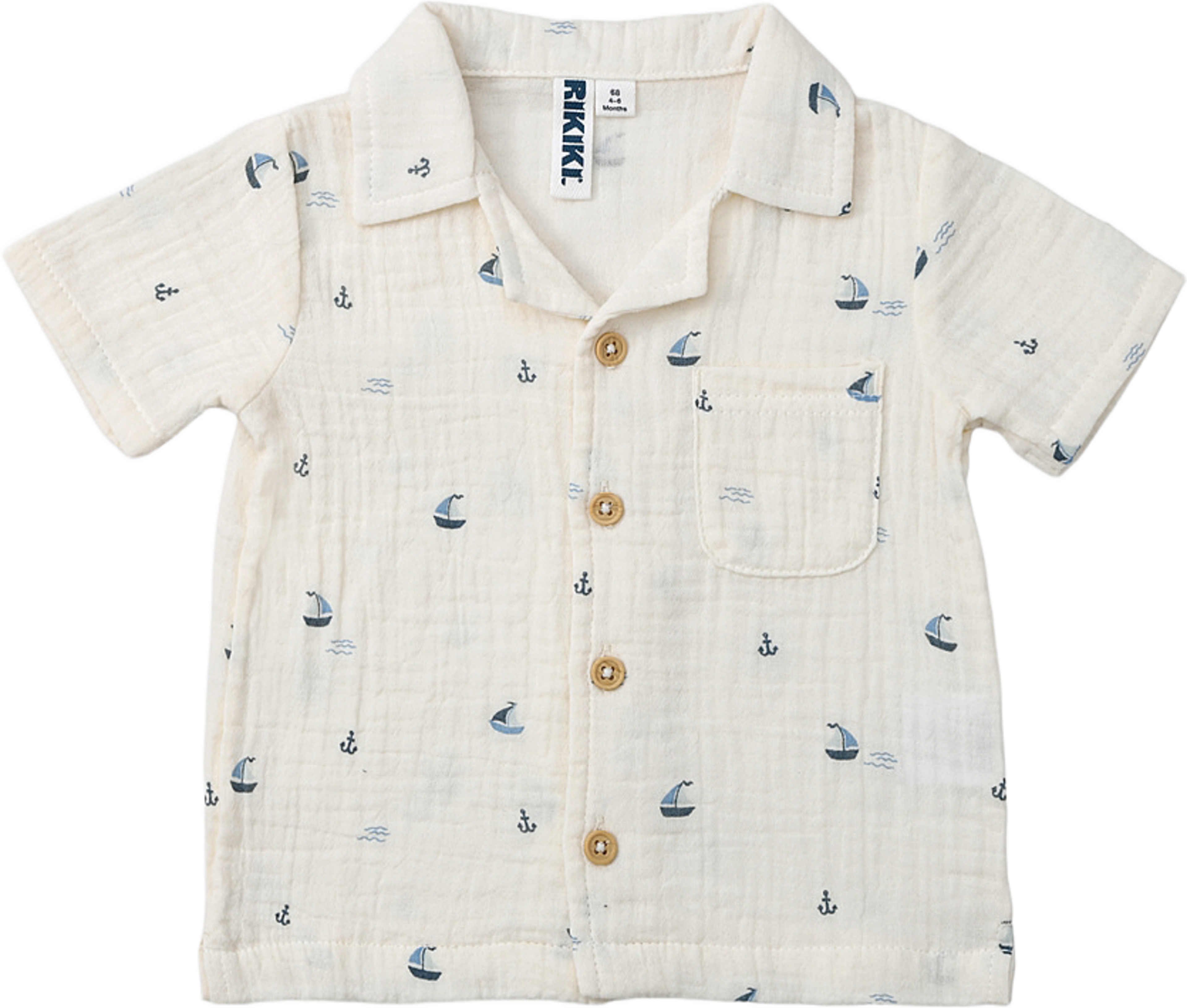 Krinklad babyskjorta CLARK, från RIKIKI, i färgen Boats/Blue. Klicka för att öppna bilden i stort format