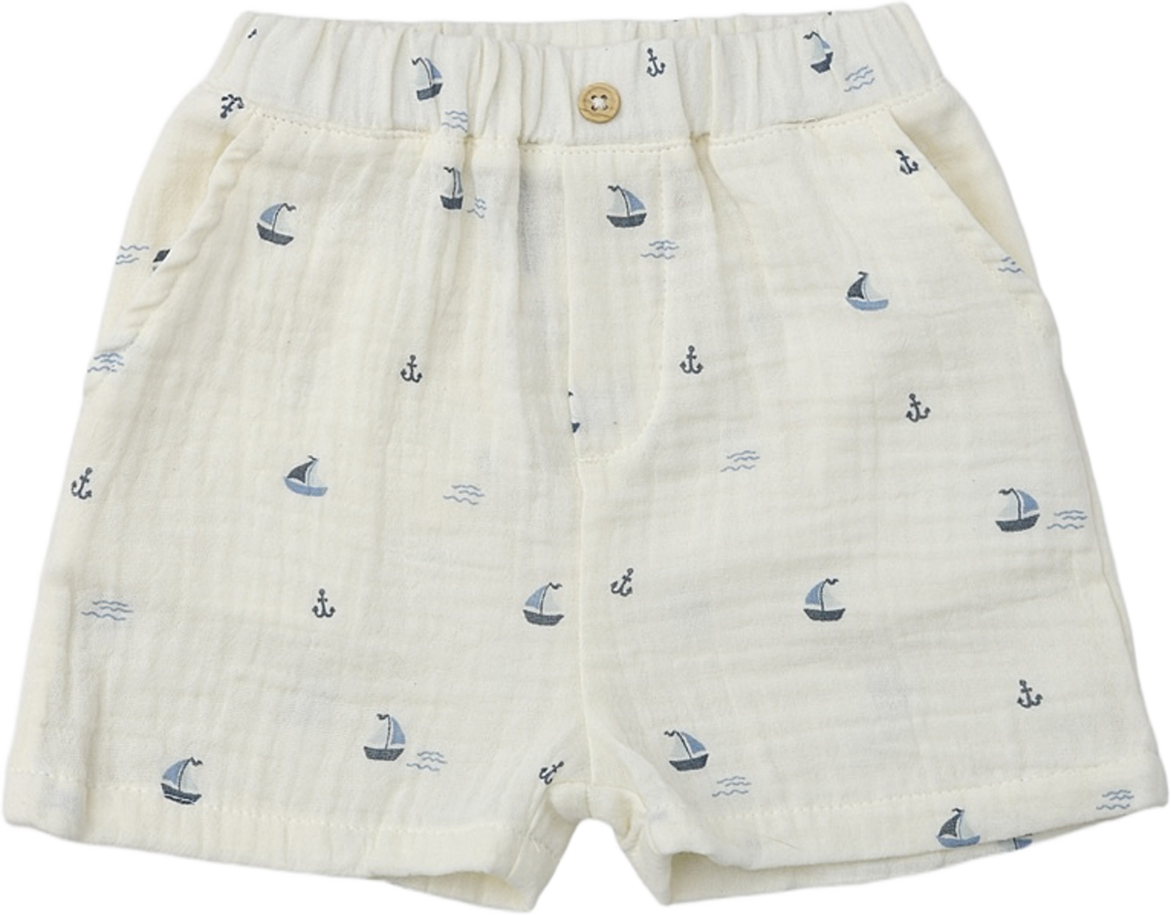 Krinklade babyshorts SARANG, från RIKIKI, i färgen Boats/Blue. Klicka för att öppna bilden i stort format