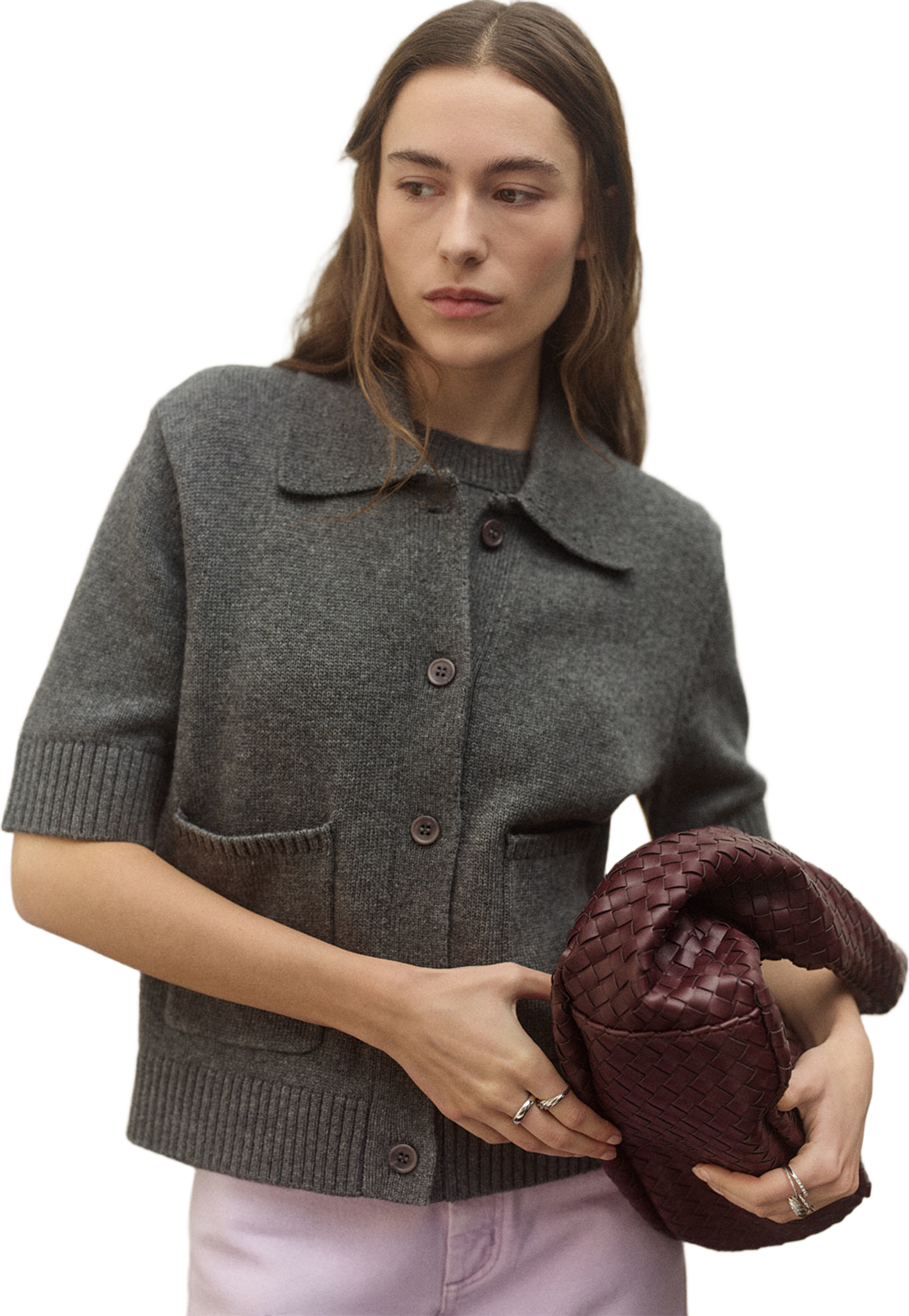 Kortärmad cardigan EMANA, från Carin Wester, i färgen Grey Melange. Klicka för att öppna bilden i stort format