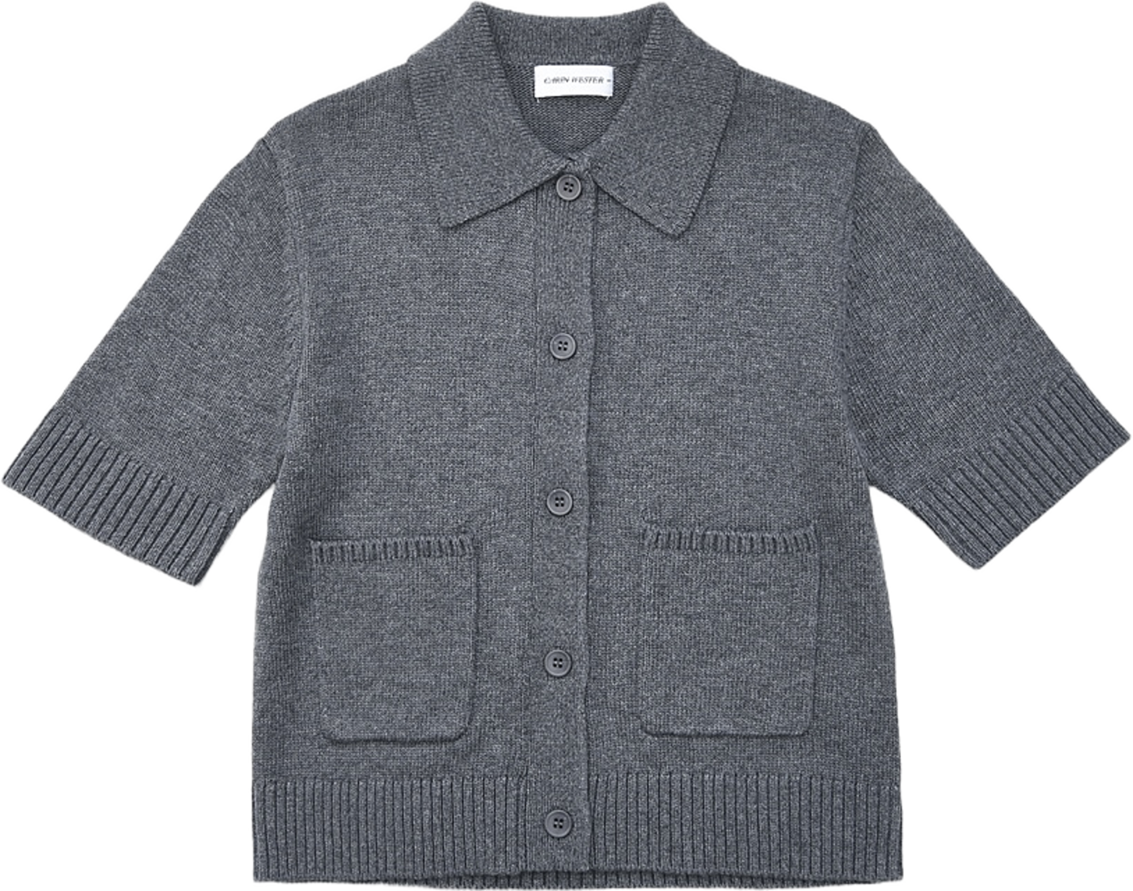 Kortärmad cardigan EMANA, från Carin Wester, i färgen Grey Melange. Klicka för att öppna bilden i stort format