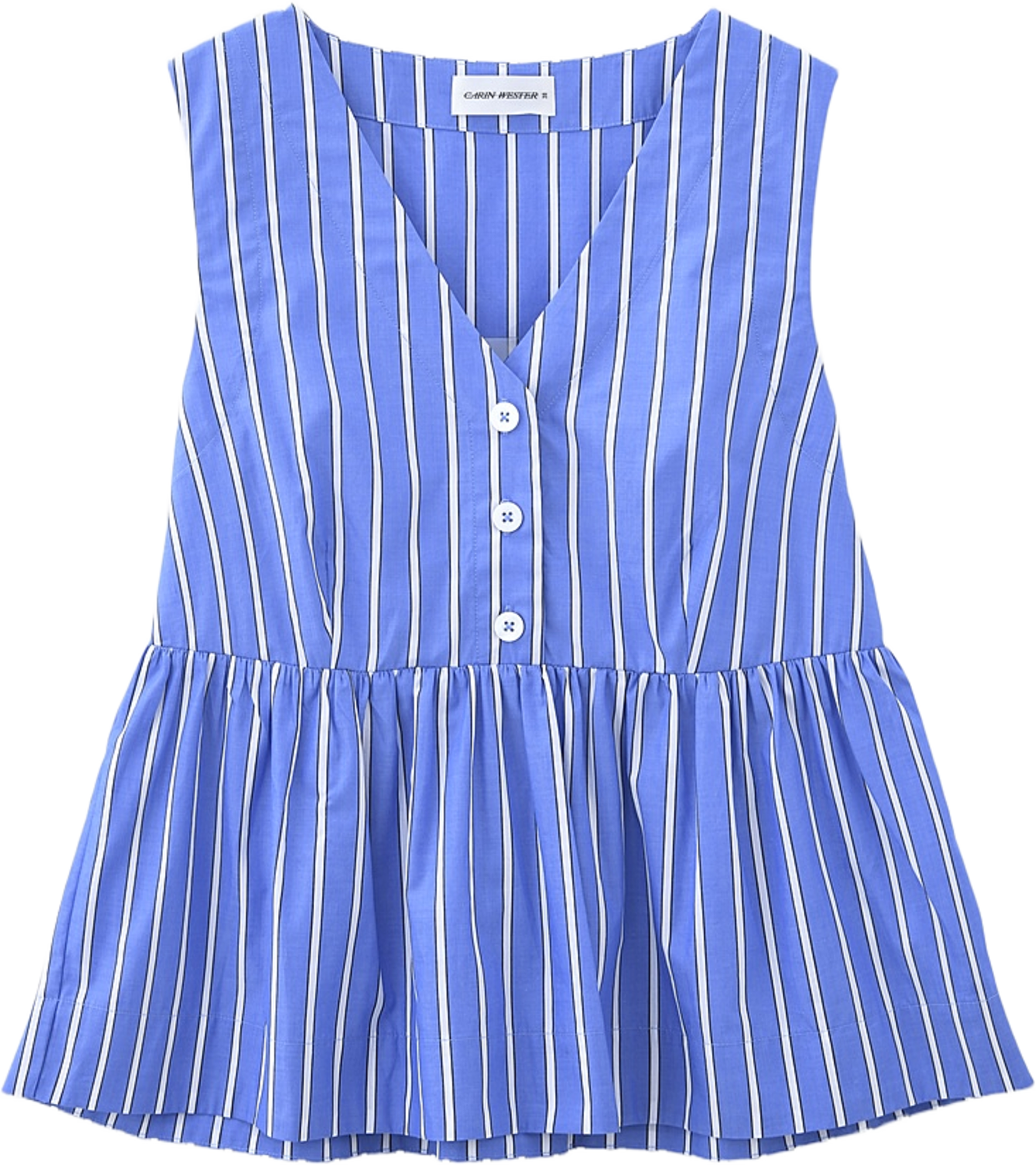 Ärmlös blus FARI, från Carin Wester, i färgen Mid Blue Stripe. Klicka för att öppna bilden i stort format