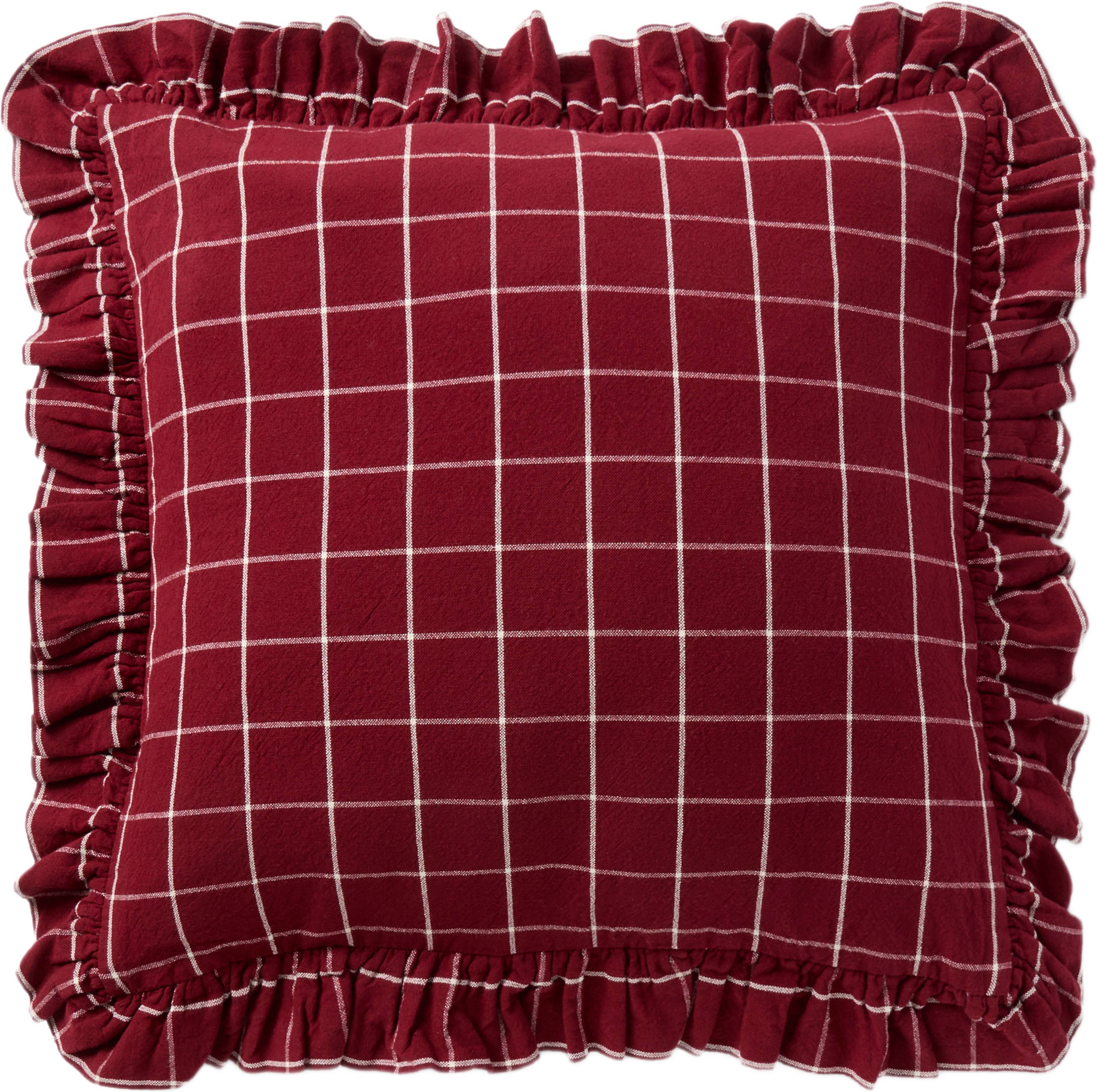 Kuddfodral CHECK FRILL 50x50 cm, från PORTOLINO LIVING, i färgen Off White/Red. Klicka för att öppna bilden i stort format