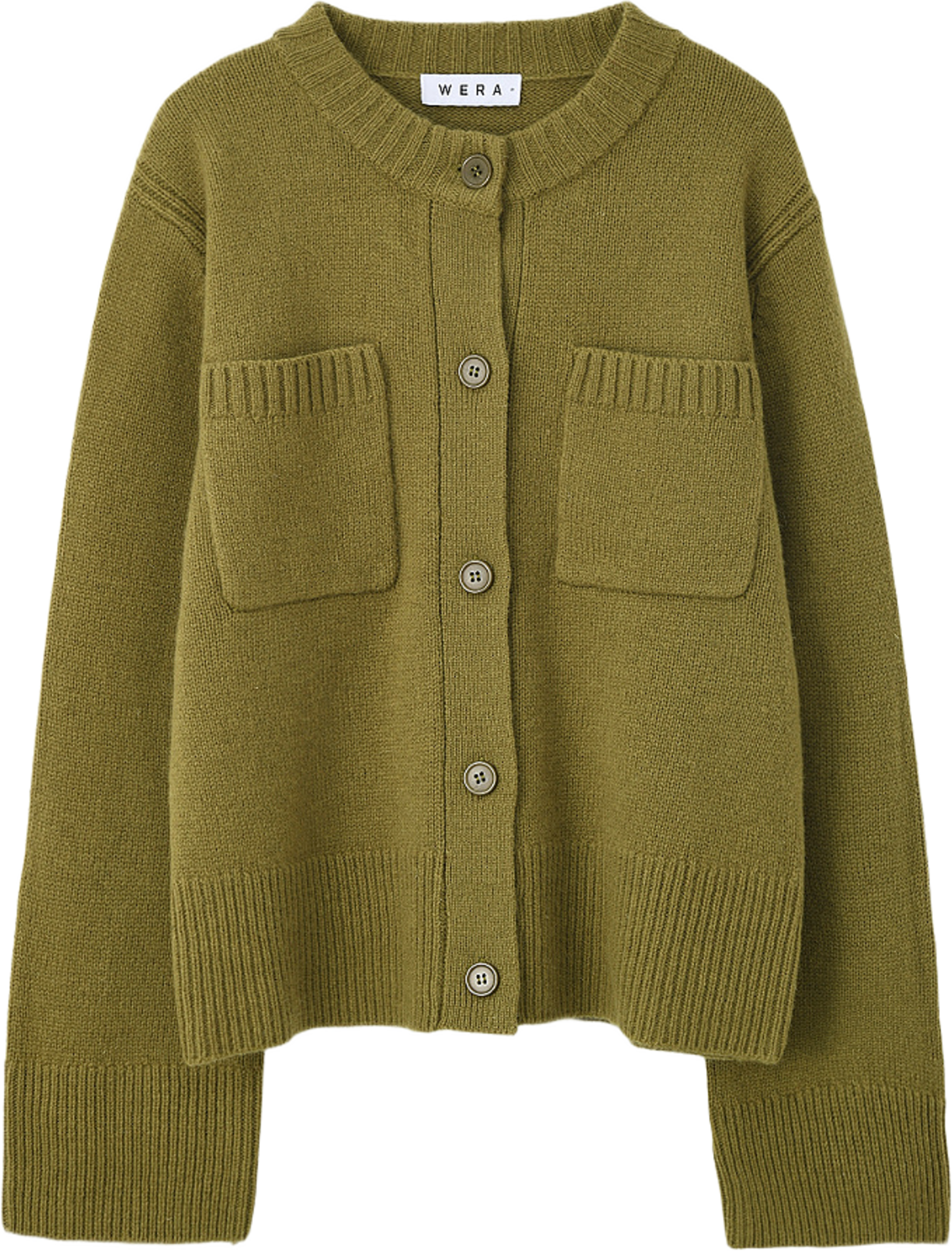 Cardigan i ull CAMELIA, från Wera, i färgen Green. Klicka för att öppna bilden i stort format