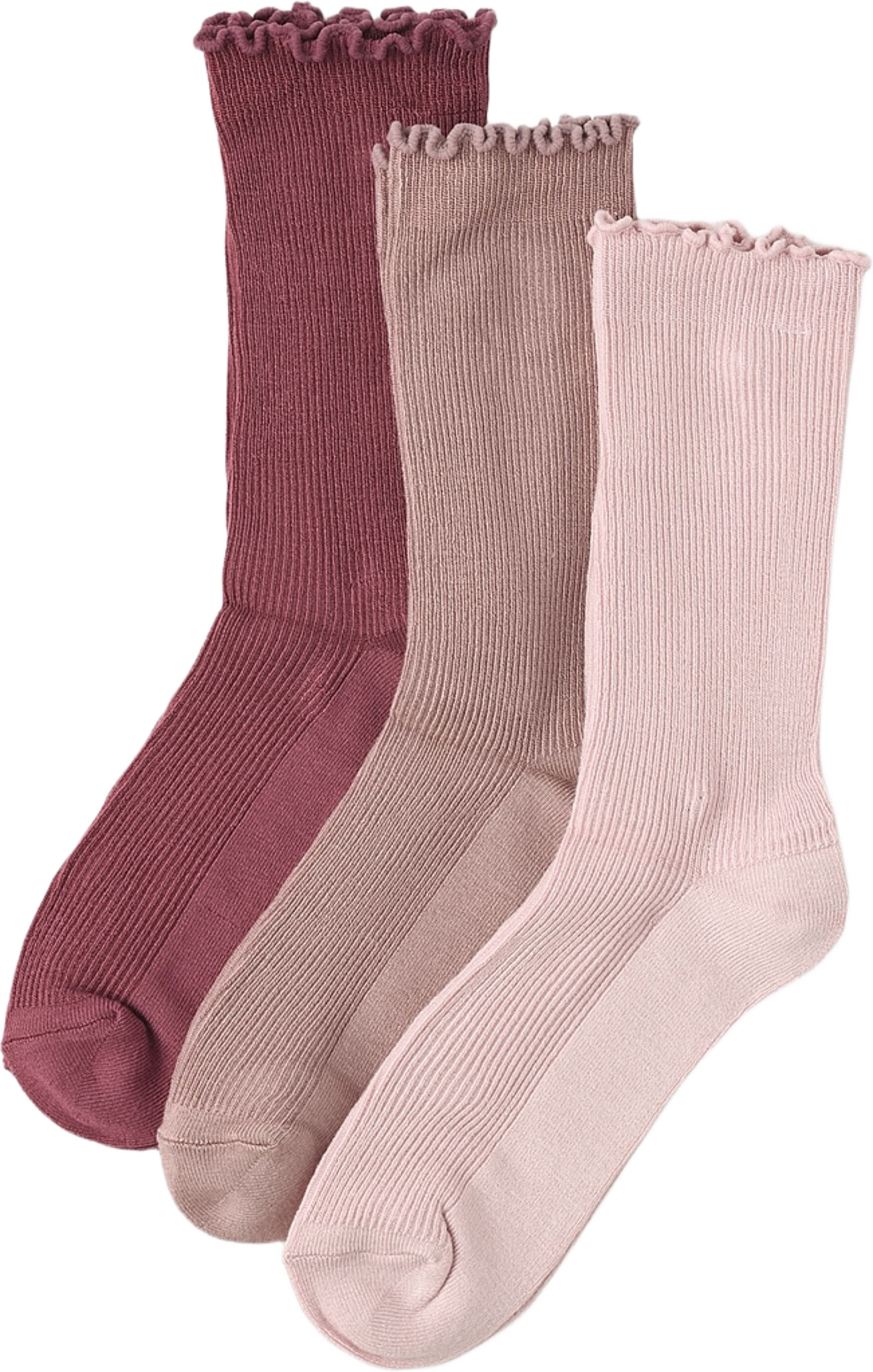 Bambustrumpor med volangkant, 3-pack, från Å WOMAN, i färgen Pink. Klicka för att öppna bilden i stort format
