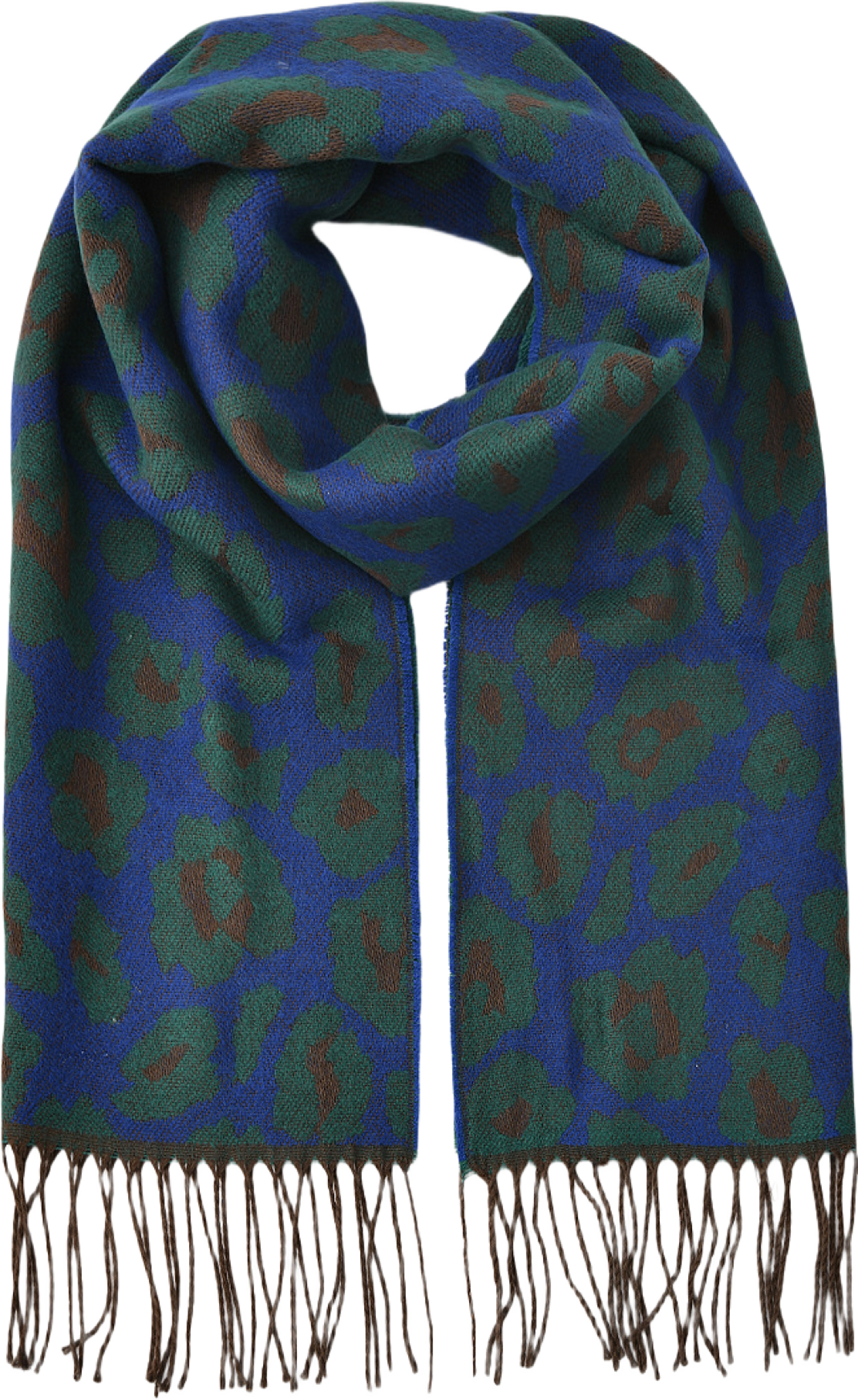 Halsduk med fransar ELLEN, från Å WOMAN, i färgen Blue Leopard. Klicka för att öppna bilden i stort format