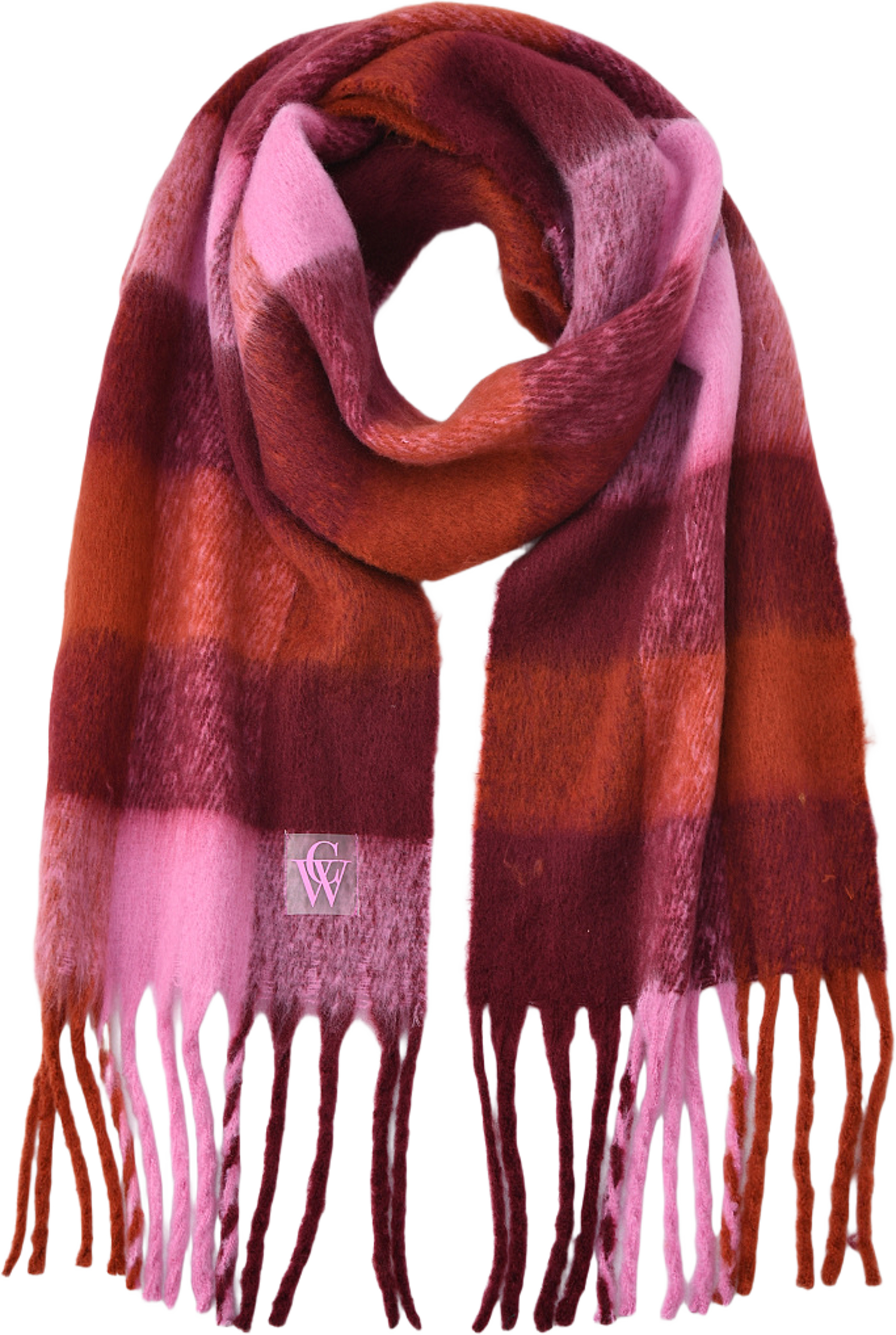 Stickad halsduk med fransar ADA, från Carin Wester, i färgen Plum/Pink. Klicka för att öppna bilden i stort format
