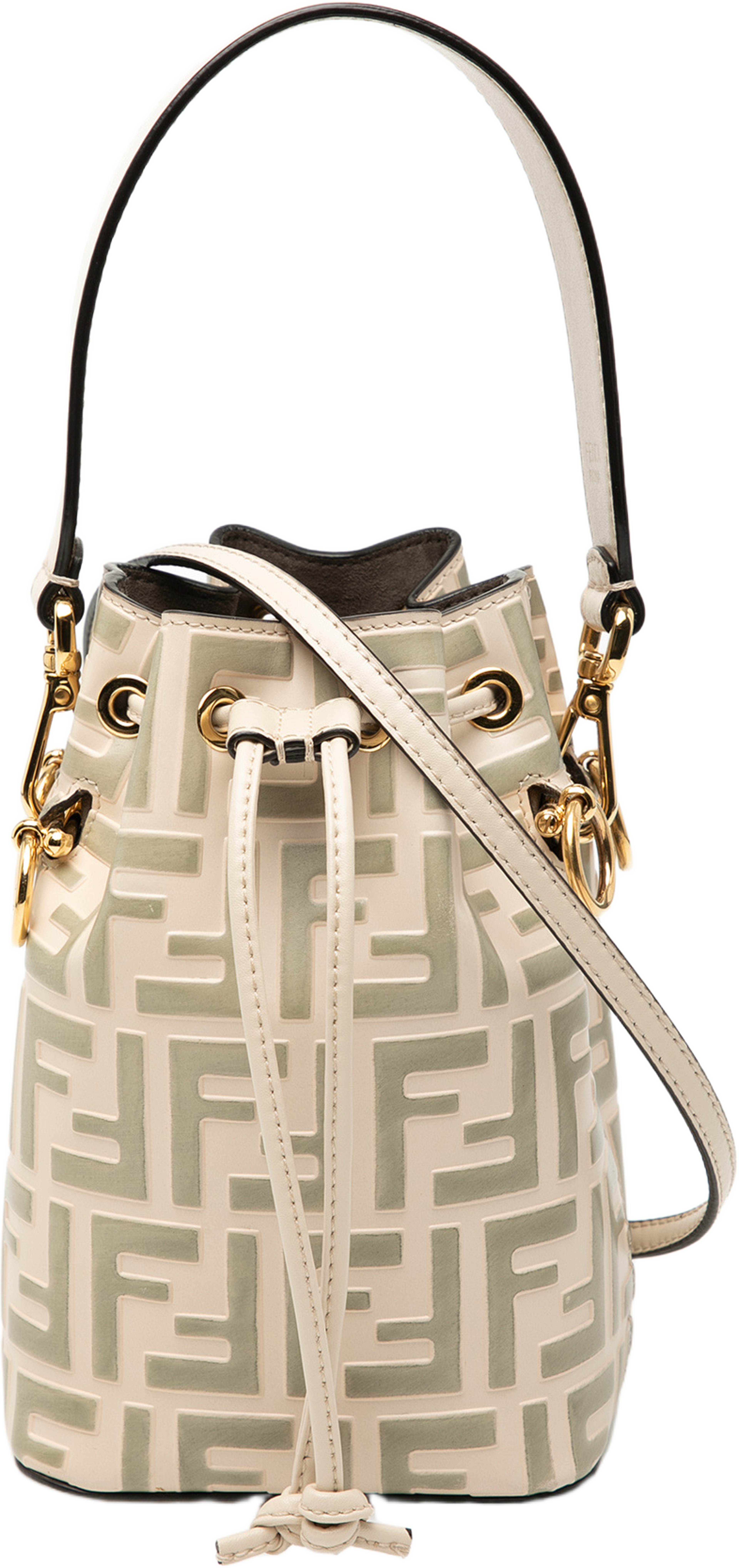 Fendi Mini Zucca Embossed Leather Mon Tresor Bucket Bag, från Luxclusif, i färgen beige. Klicka för att öppna bilden i stort format