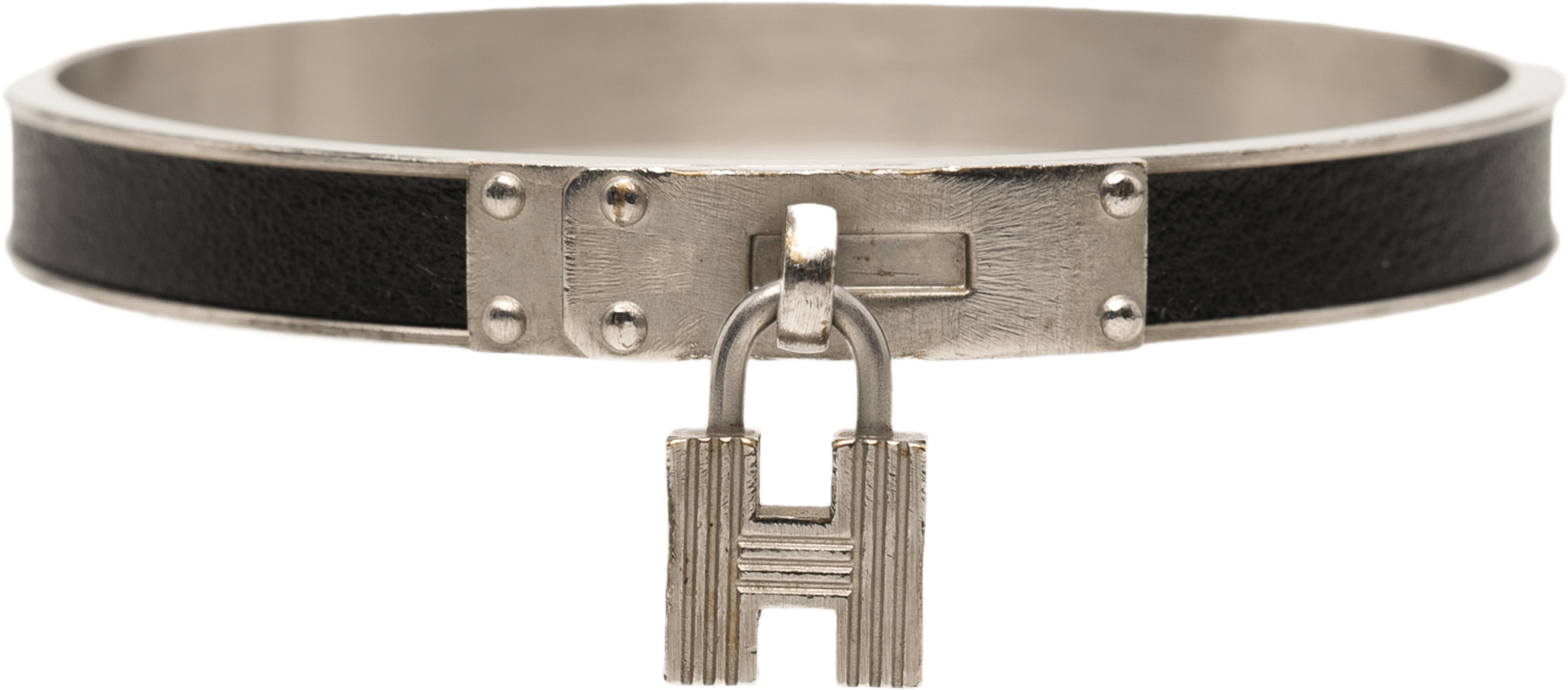 Hermès Leather Kelly Cadena Lock Bangle Bracelet, från Luxclusif, i färgen black. Klicka för att öppna bilden i stort format