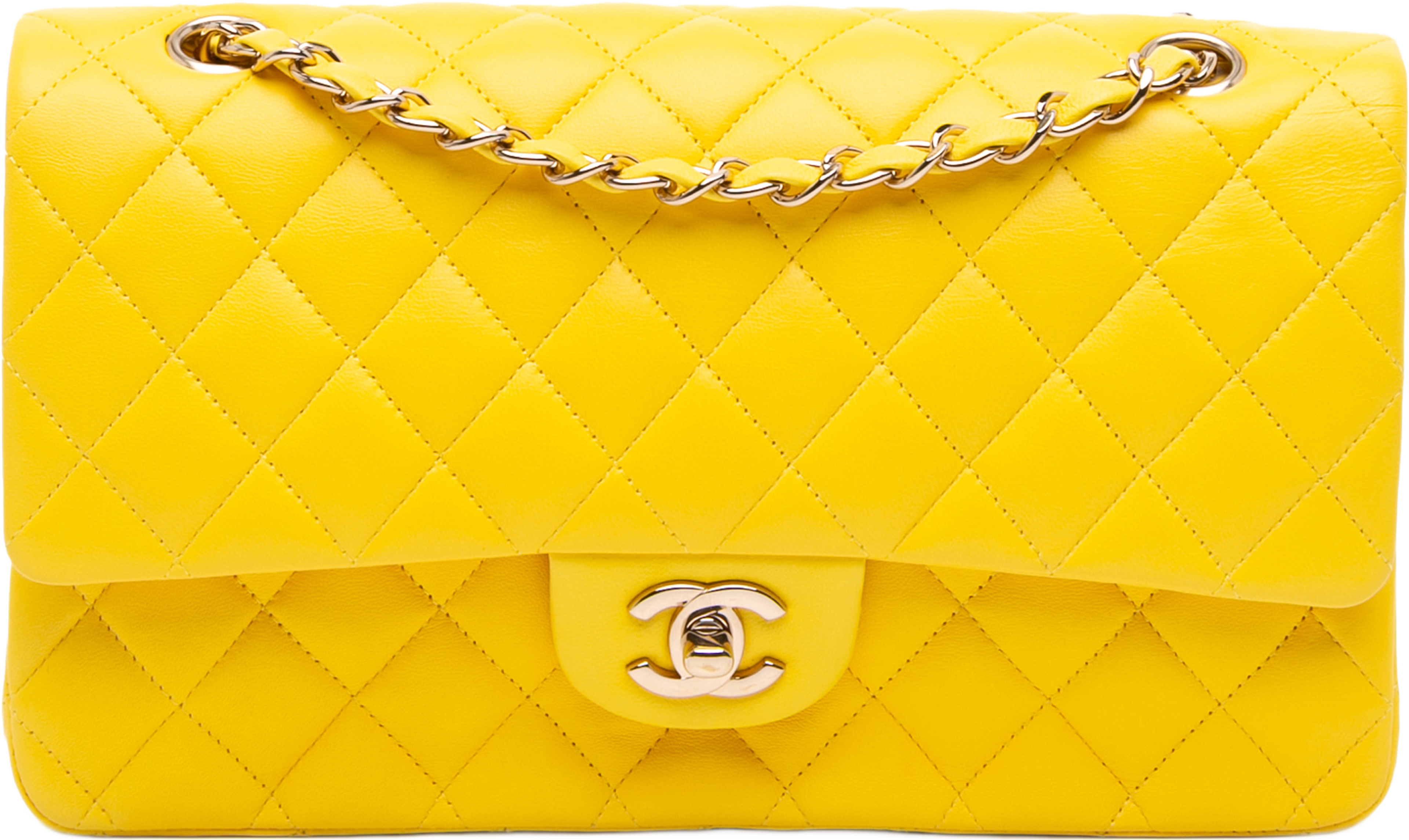 Chanel Medium Classic Lambskin Double Flap, från Luxclusif, i färgen mustard. Klicka för att öppna bilden i stort format