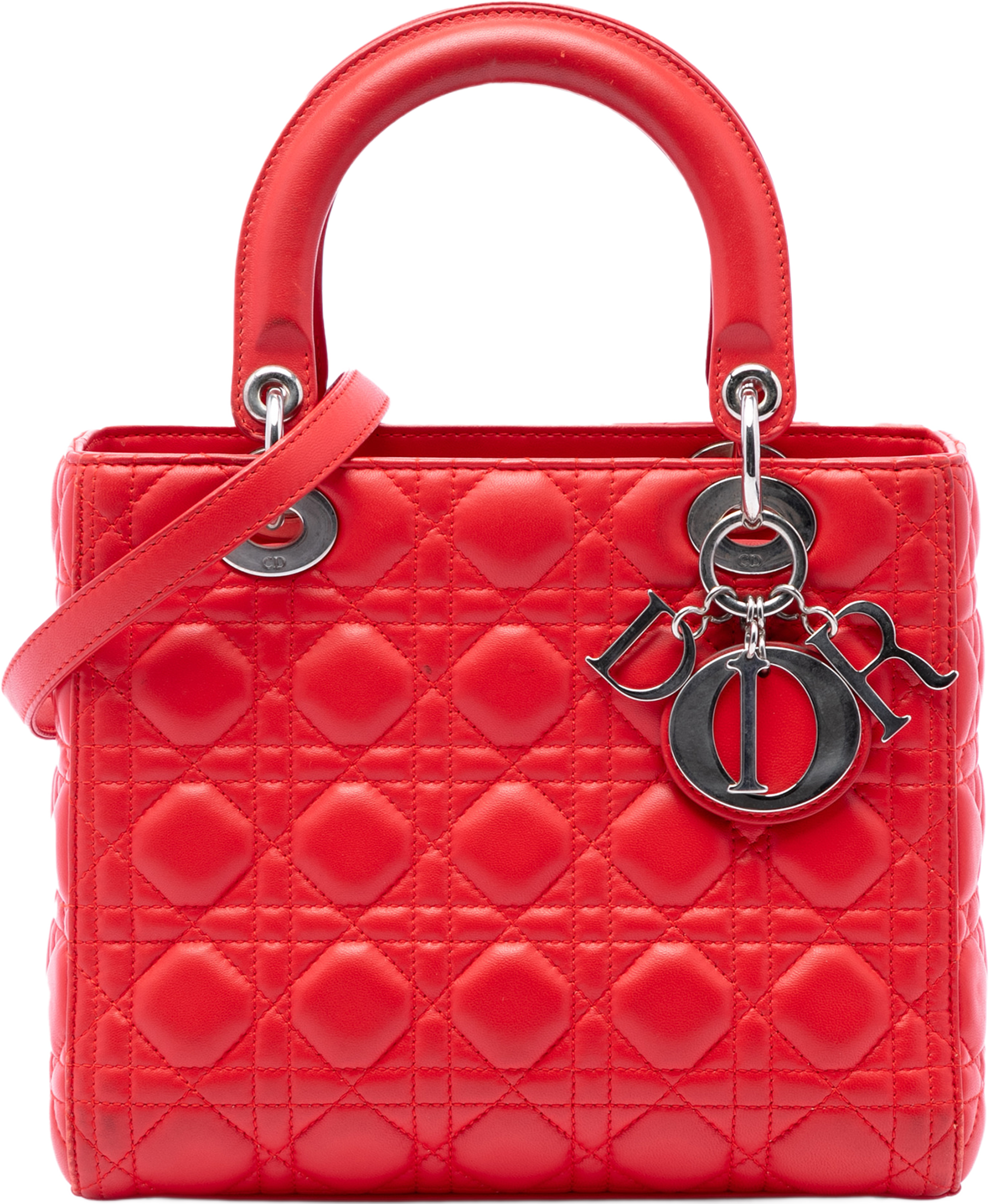 Dior Medium Lambskin Cannage Lady Dior, från Luxclusif, i färgen röd. Klicka för att öppna bilden i stort format