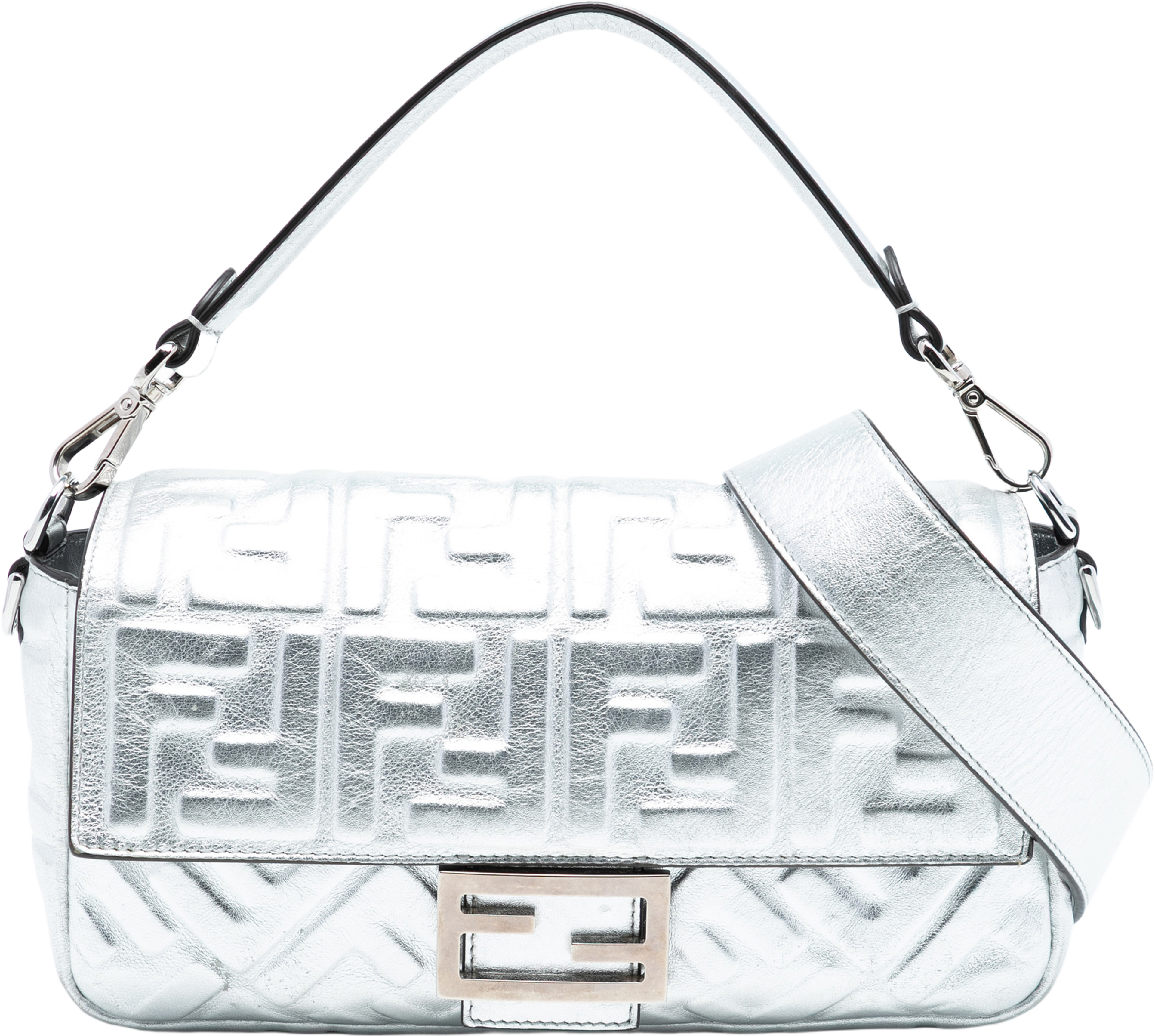 Fendi Medium Metallic Leather Embossed Ff Baguette Satchel, från Luxclusif, i färgen silver. Klicka för att öppna bilden i stort format