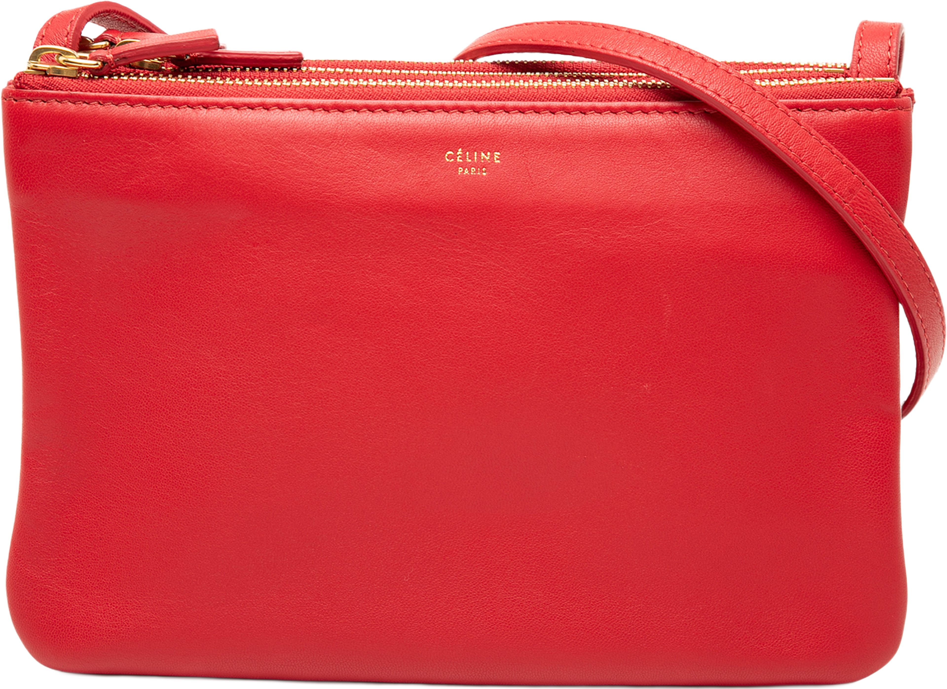Celine Small Lambskin Trio Crossbody, från Luxclusif, i färgen röd. Klicka för att öppna bilden i stort format