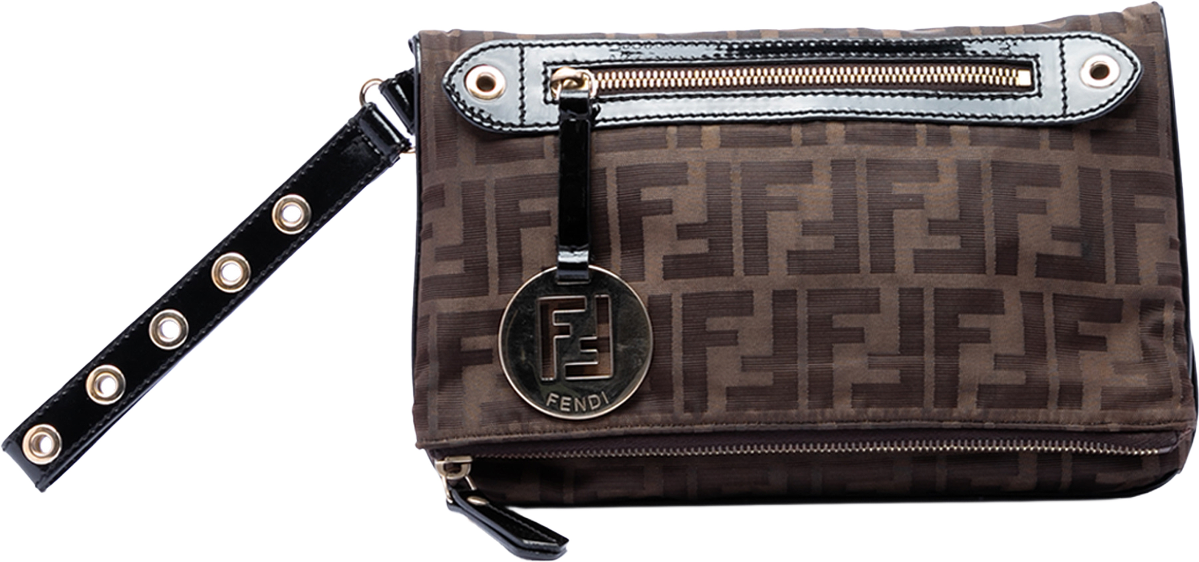 Fendi Zucca Canvas Flap Wristlet Clutch, från Luxclusif, i färgen brown. Klicka för att öppna bilden i stort format