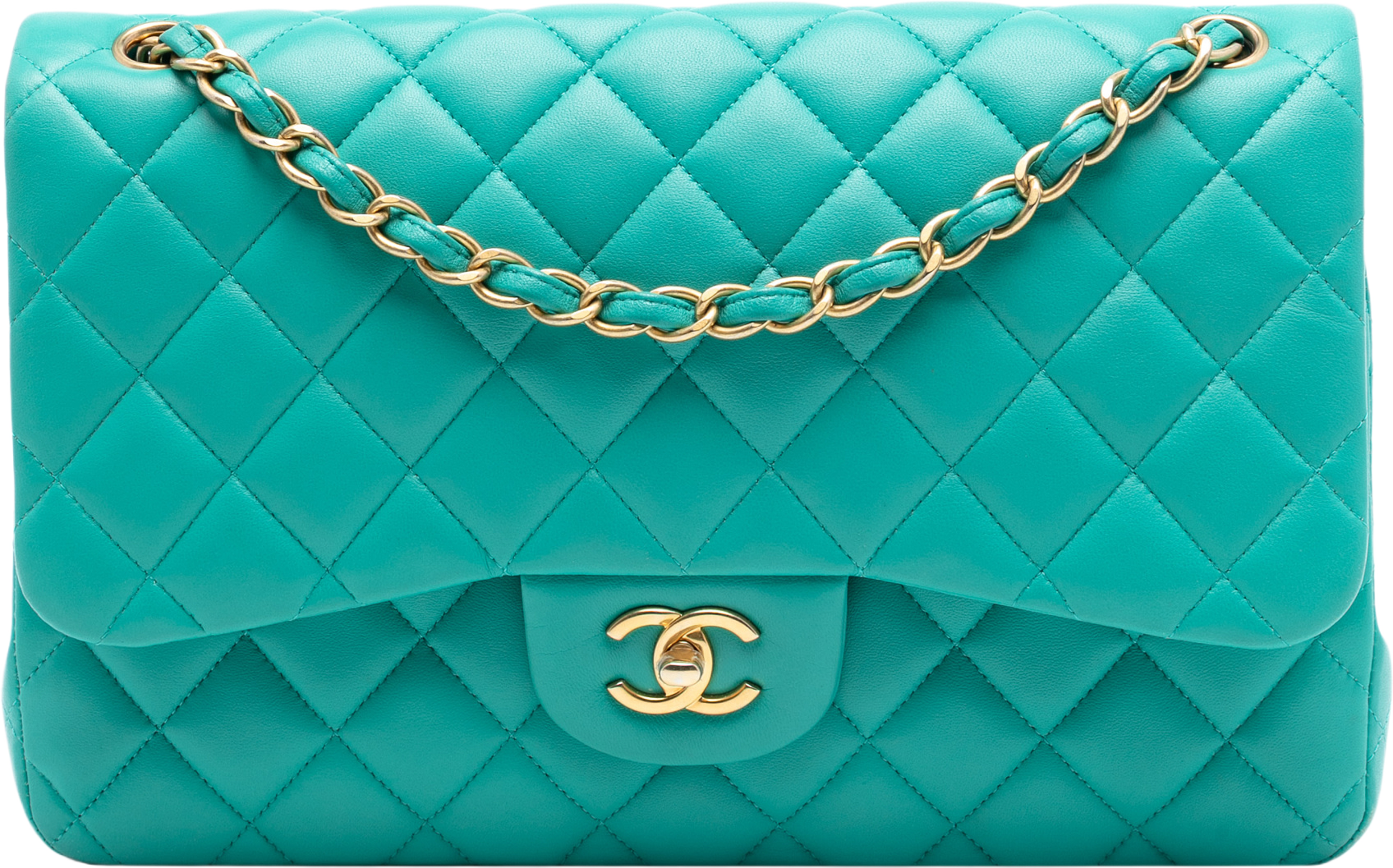 Chanel Jumbo Classic Lambskin Double Flap, från Luxclusif, i färgen lime. Klicka för att öppna bilden i stort format