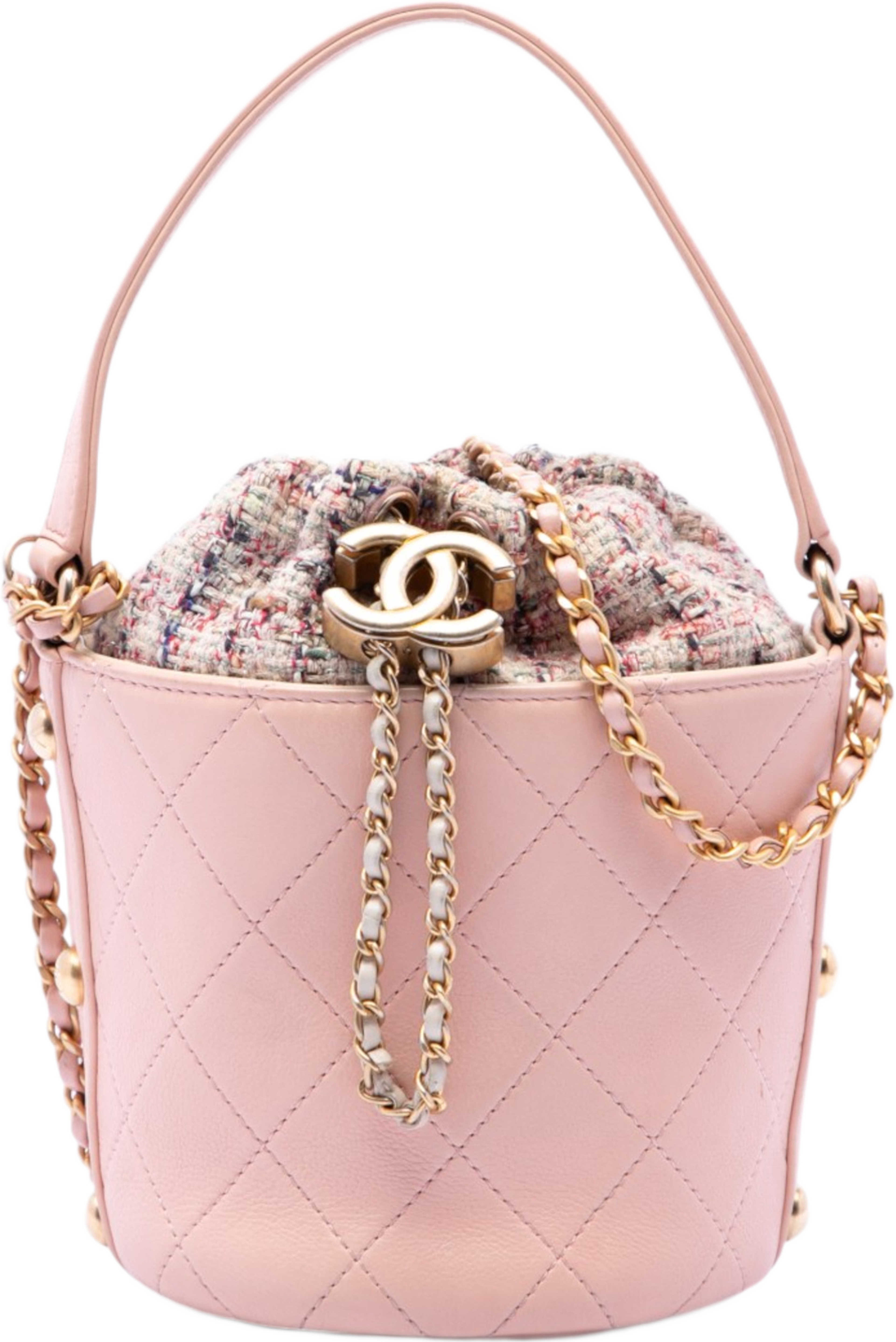 Chanel Small Cc Calfskin And Tweed Drawstring Bucket Bag, från Luxclusif, i färgen rosa. Klicka för att öppna bilden i stort format