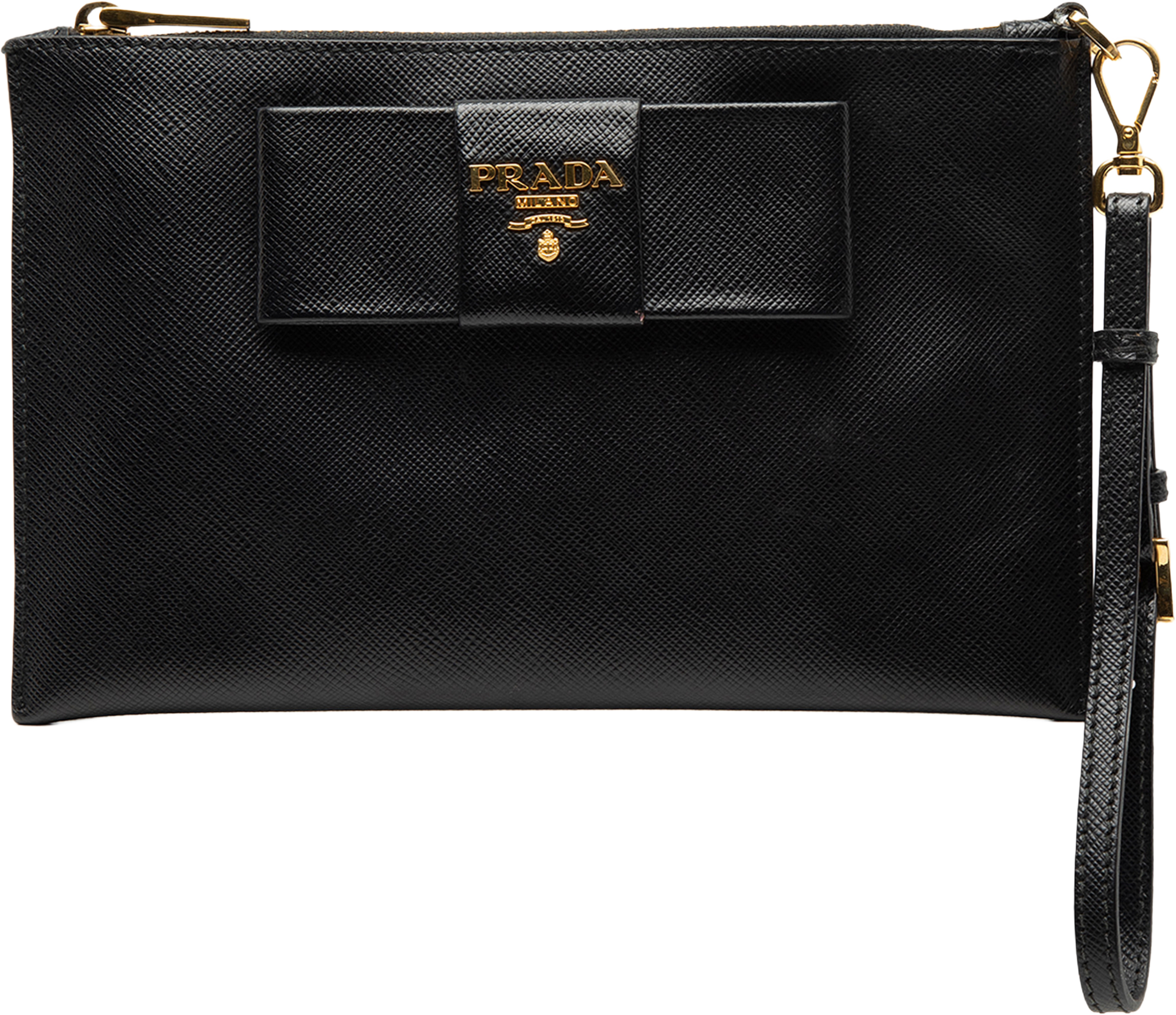 Prada Saffiano Bow Clutch, från Luxclusif, i färgen black. Klicka för att öppna bilden i stort format