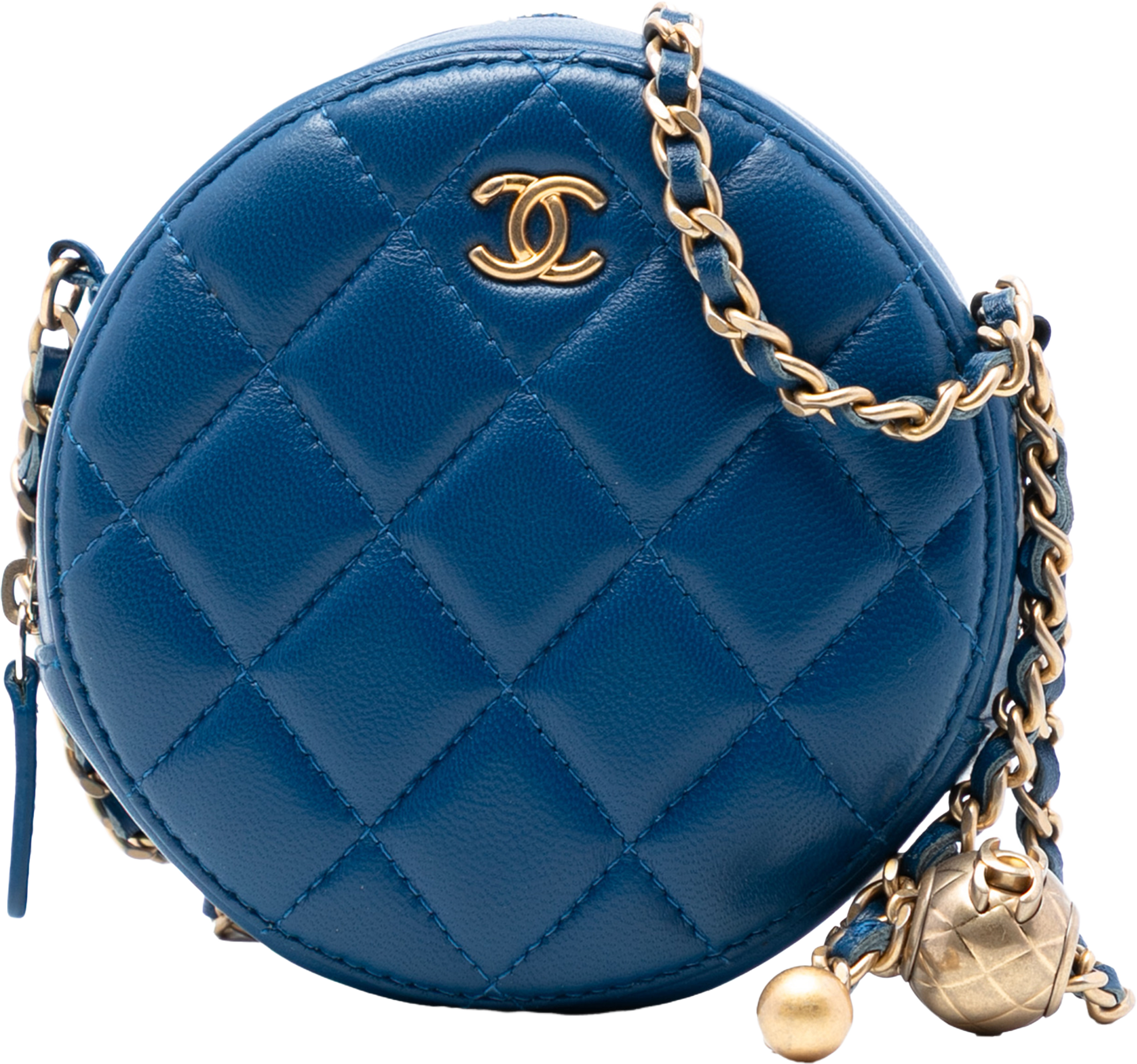 Chanel Cc Quilted Lambskin Pearl Crush Round Clutch With Chain, från Luxclusif, i färgen blue. Klicka för att öppna bilden i stort format