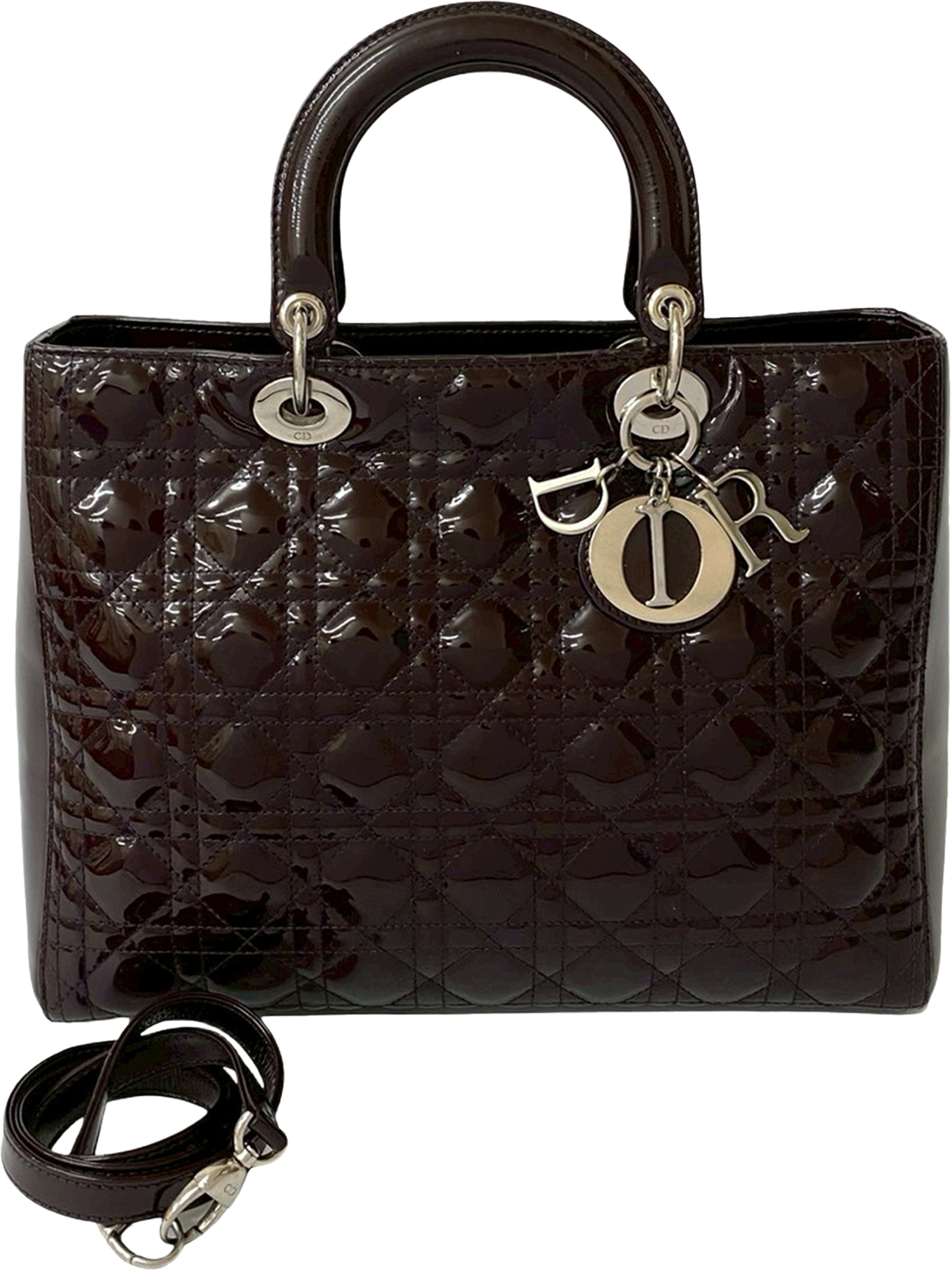 Dior Large Patent Cannage Lady Dior, från Luxclusif, i färgen dark brown. Klicka för att öppna bilden i stort format