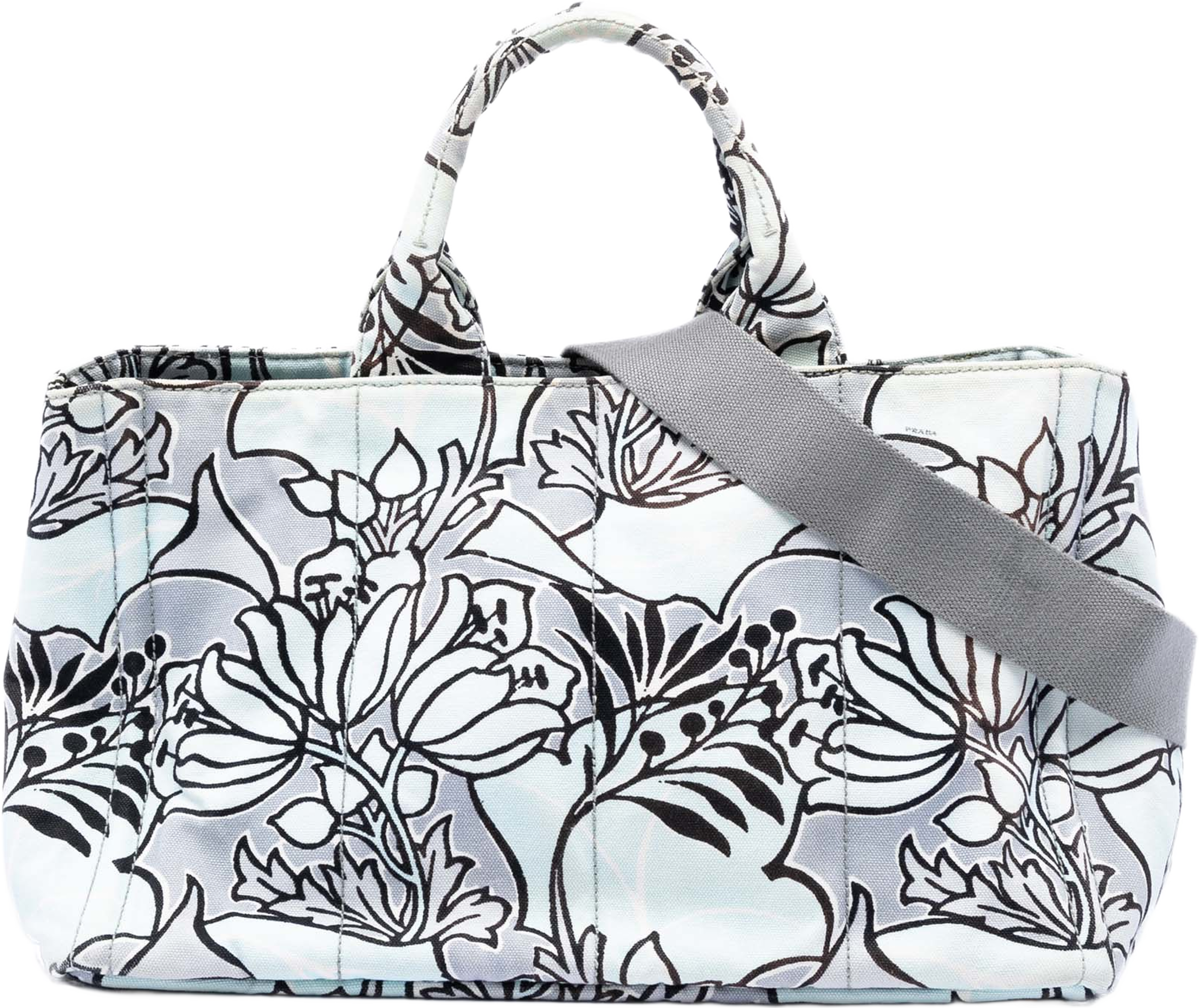 Prada Medium Floral Printed Canvas Canapa Satchel, från Luxclusif, i färgen light blue. Klicka för att öppna bilden i stort format