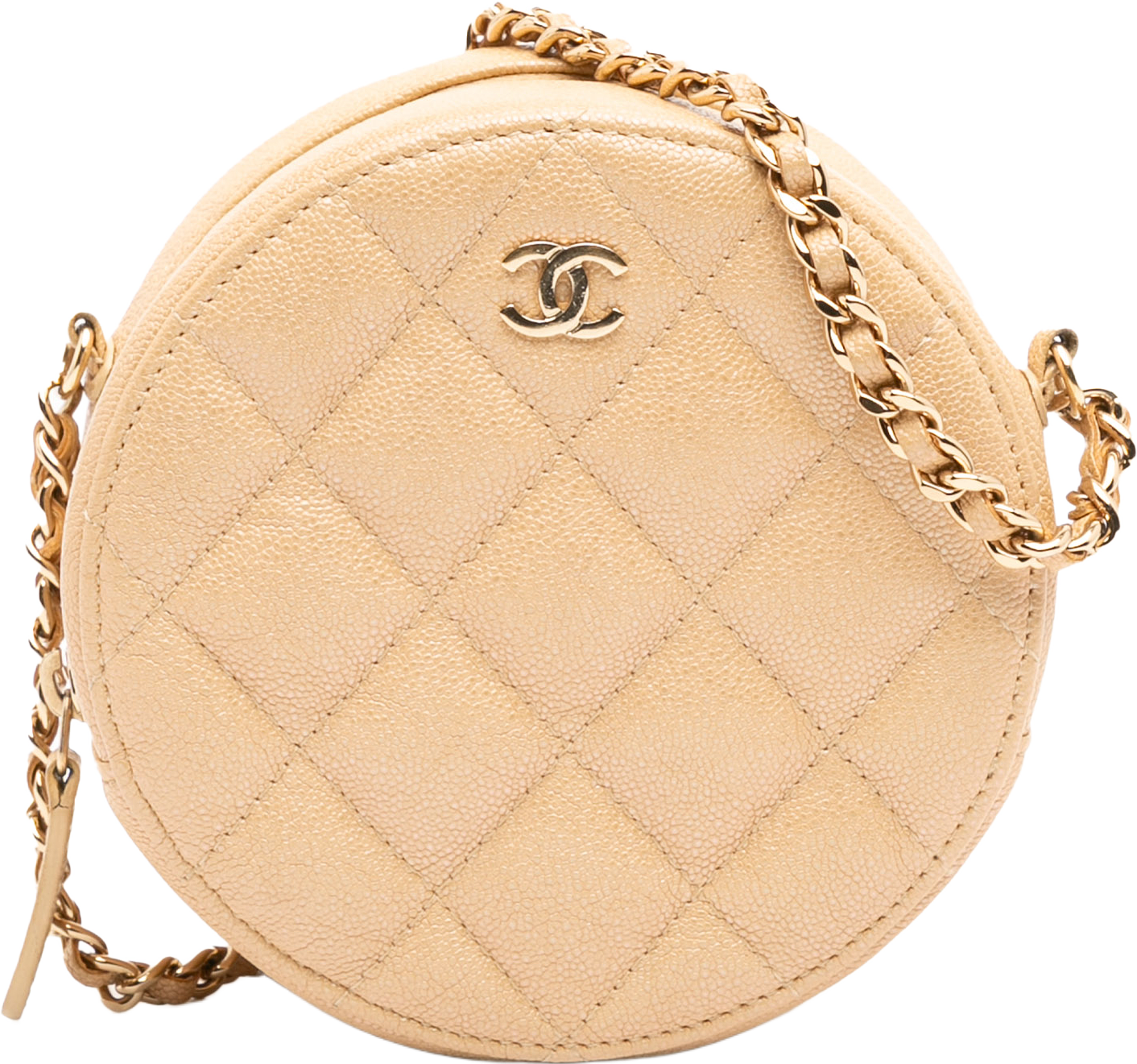 Chanel Quilted Caviar Round Clutch With Chain, från Luxclusif, i färgen beige. Klicka för att öppna bilden i stort format